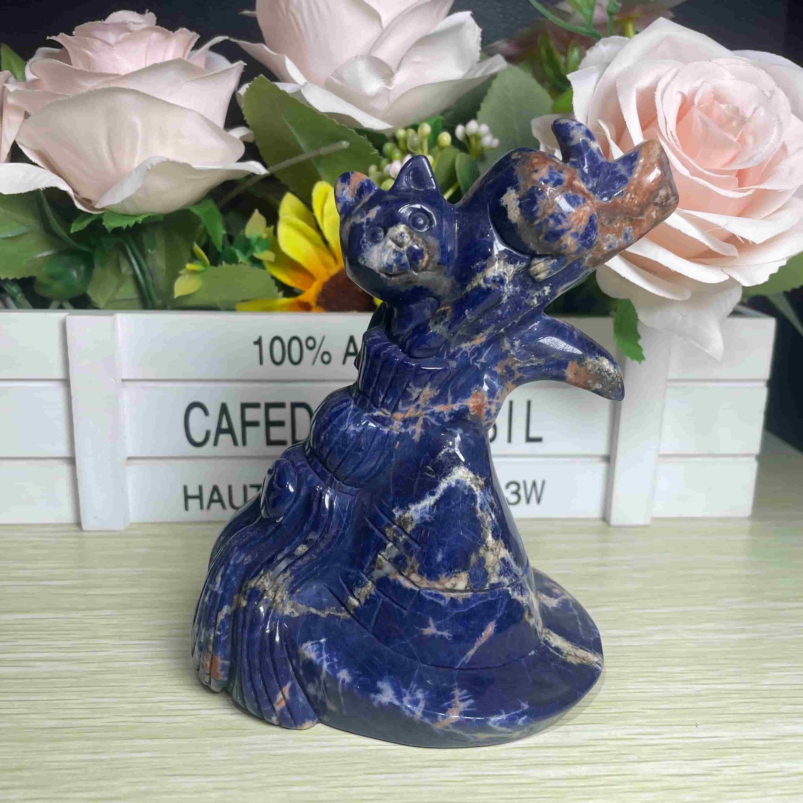 1.3LB 4.7” Natural Blue Sodalite Cat Cross Ornament Quartz Crystal