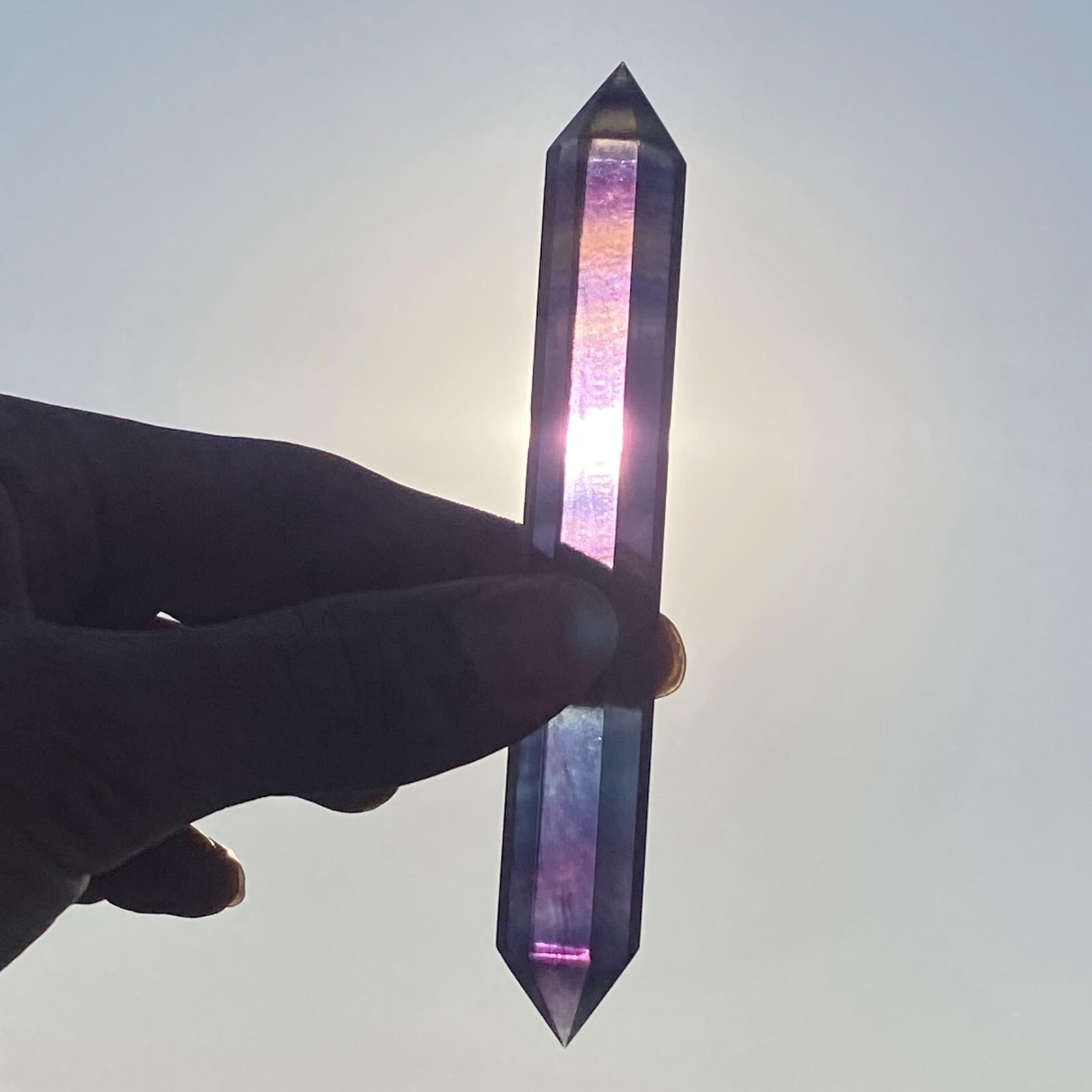 1pc Natural Rainbow fluorite obelisk gem quartz crystal wand point healing 35g+