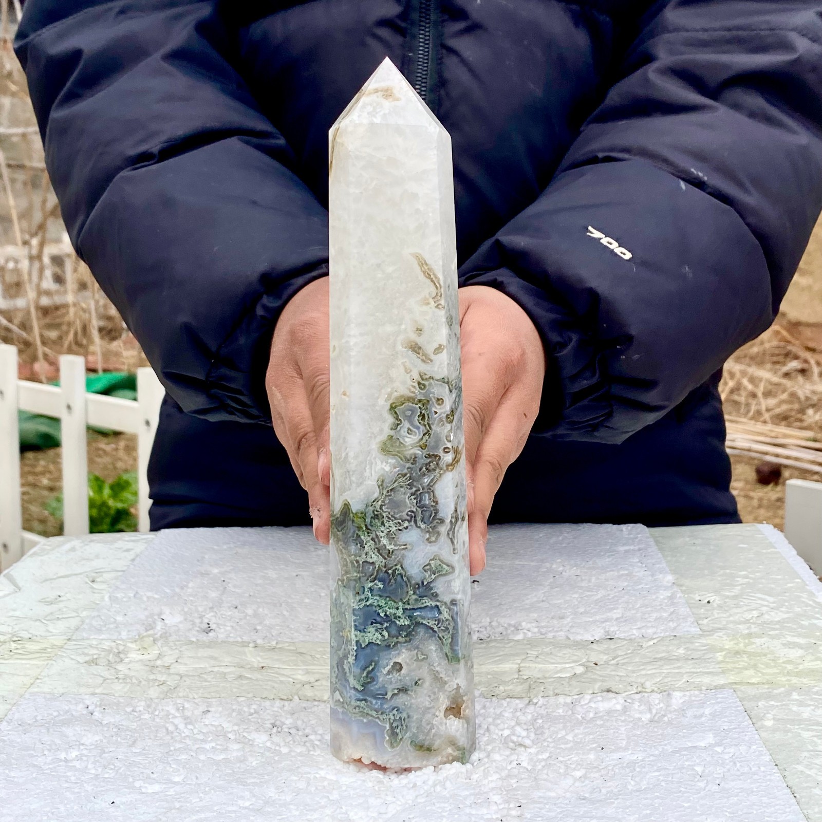 1.76LB Natural green moss agate quartz crystal obelisk aura healing
