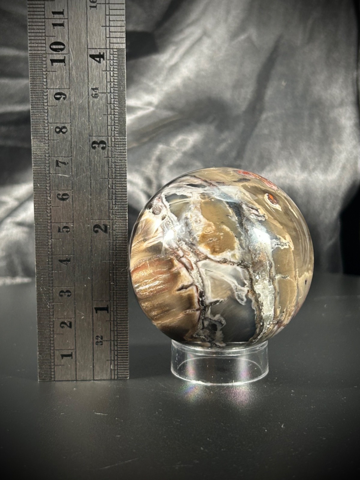 2.33″ Petrified Wood Sphere With Acrylic Stand UV REACTIVE 10.1oz
