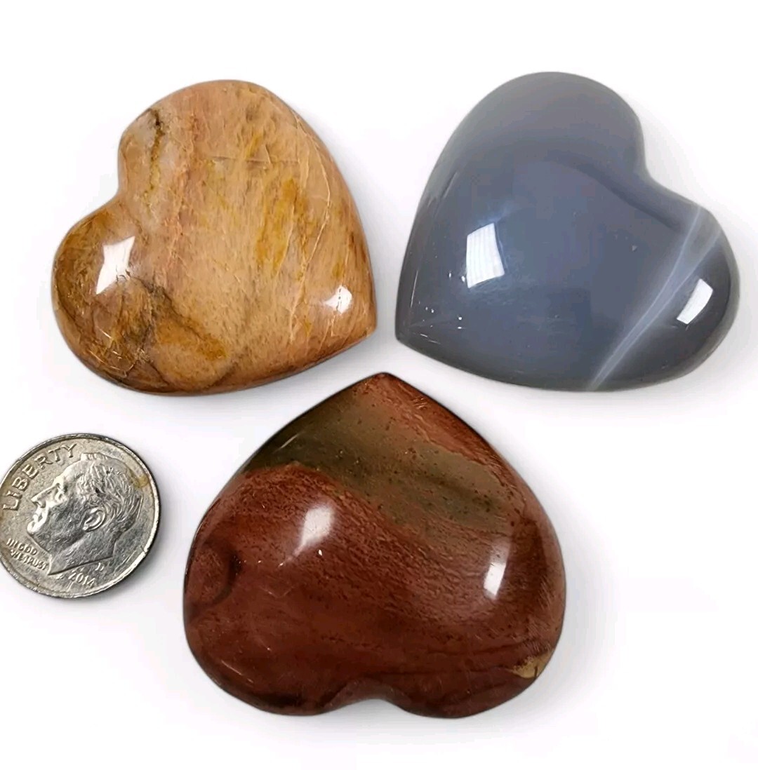 3 Assorted Hearts, Polychrome, Moonstone, Agate 78.2 grams