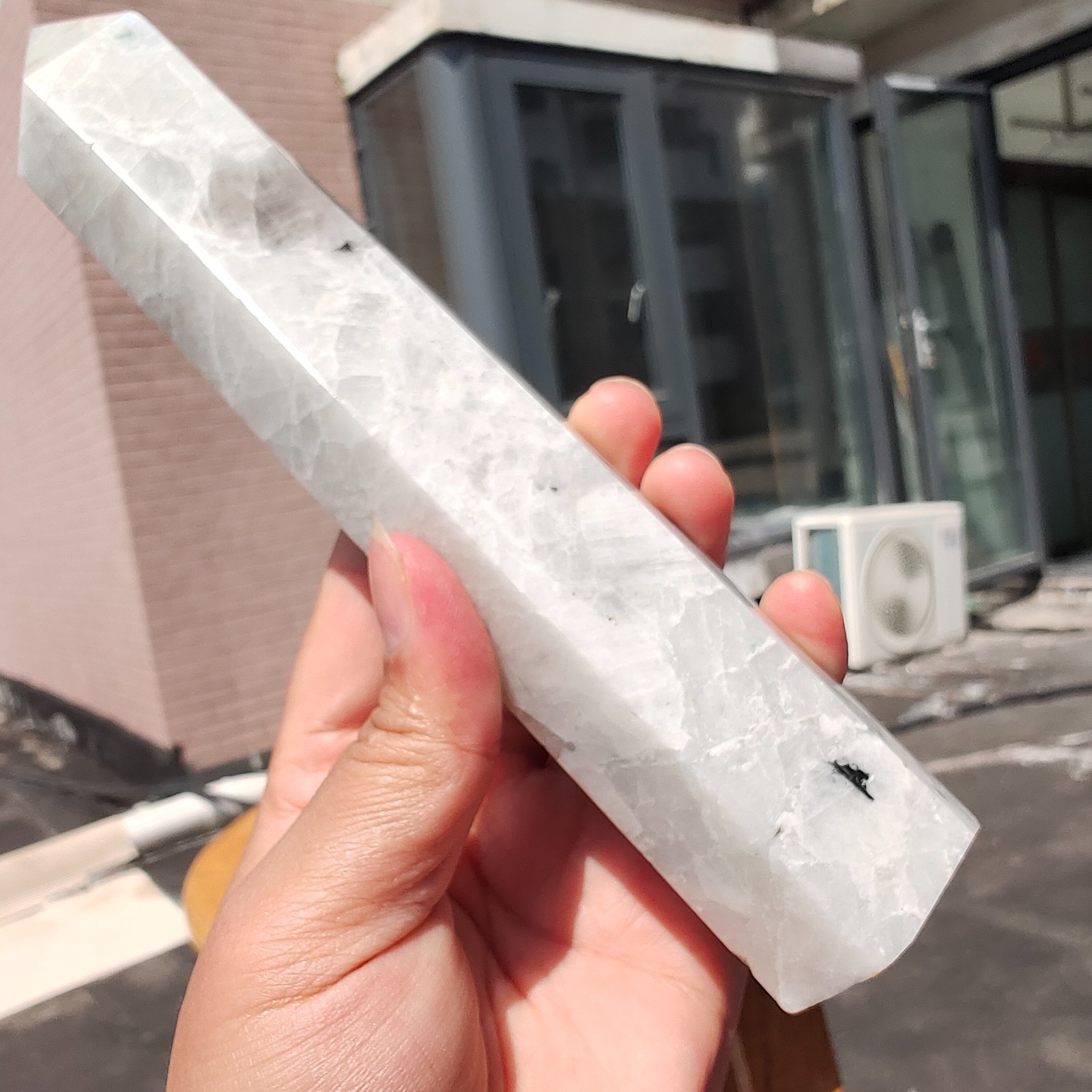 489g Large White Rainbow Moonstone Crystal Obelisk Tower Point Quartz Healing