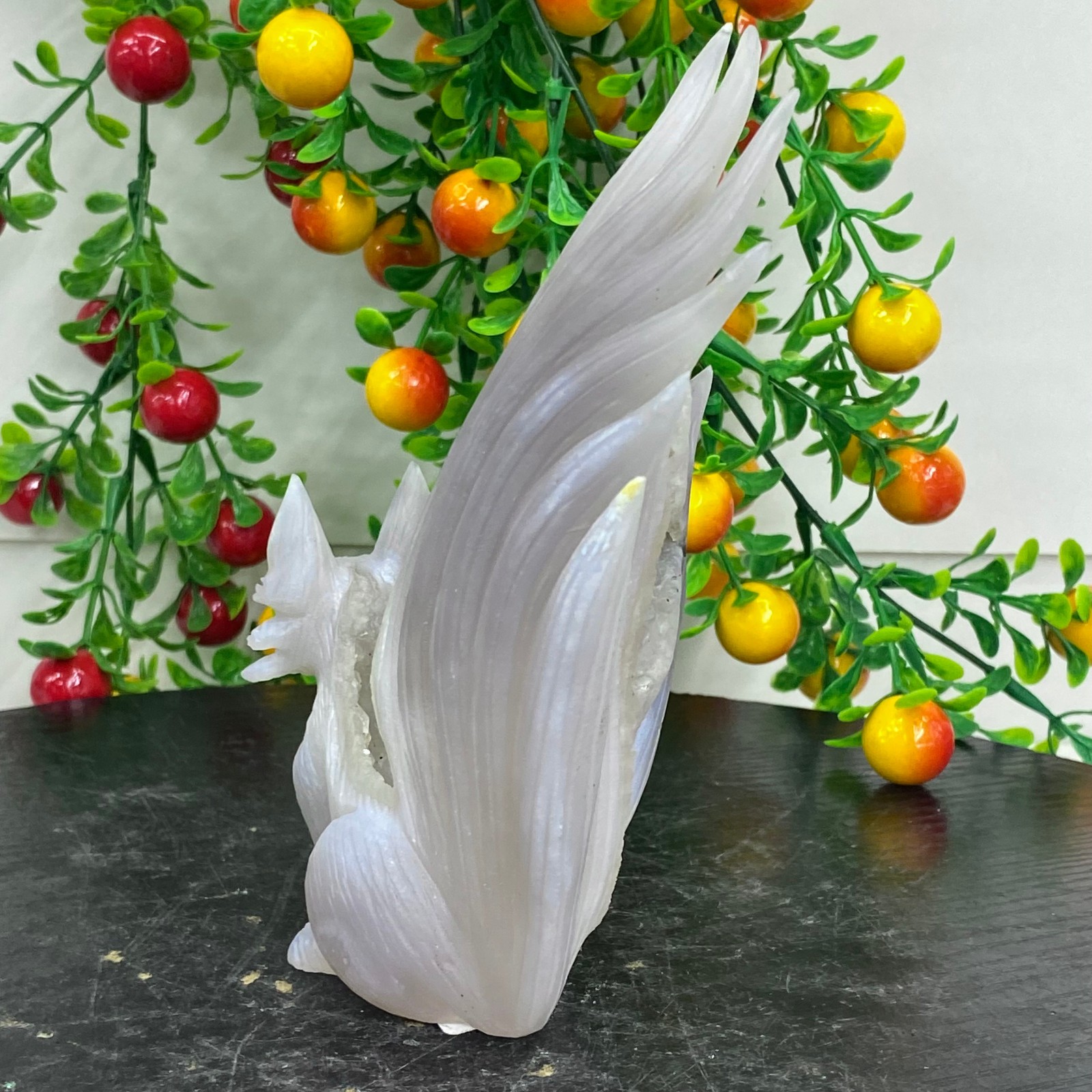 449G Natural Agate Geode Hand Carved Nine-tailed Fox Quartz Crystal Decor