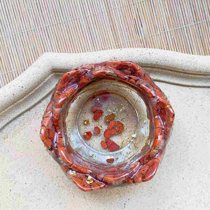Natural Red Jasper Quartz Crystal Gravel Lotus Degaussing Bowl Epoxy Resin Decor