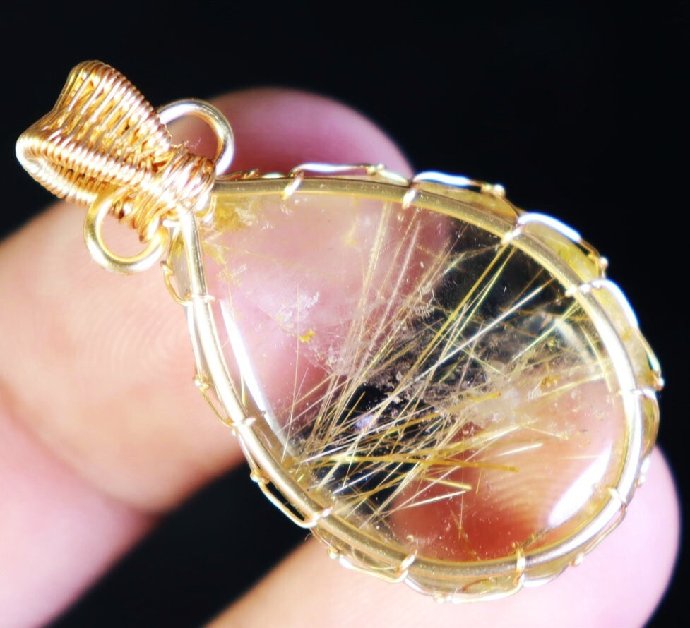 Natural Clear Golden Sun Rutilated Titanium Quartz Crystal Stone Pendant Healing