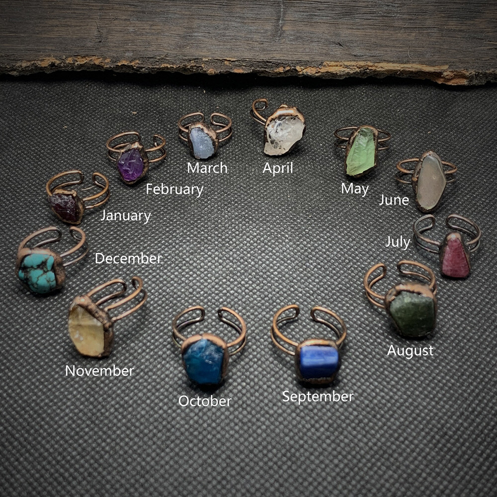 Birthstone 12 Months Birthday Stone Crystal Ring Healing Reiki Gifts Adjustable