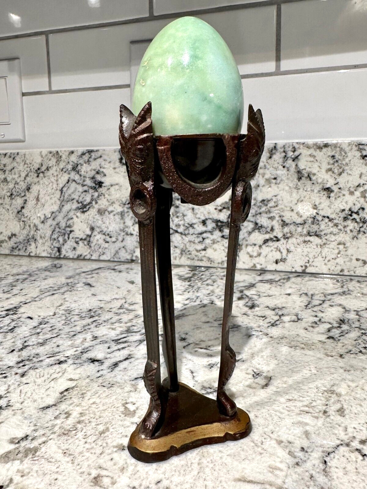 GREEN Stone Egg w/ Brass Stand Vintage Victorian 7.75″ Tall Antique Collectable