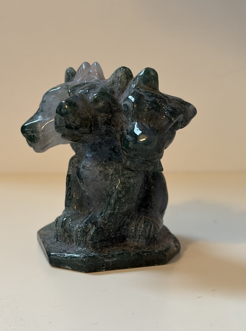 Moss Agate Cerberus Small Statue