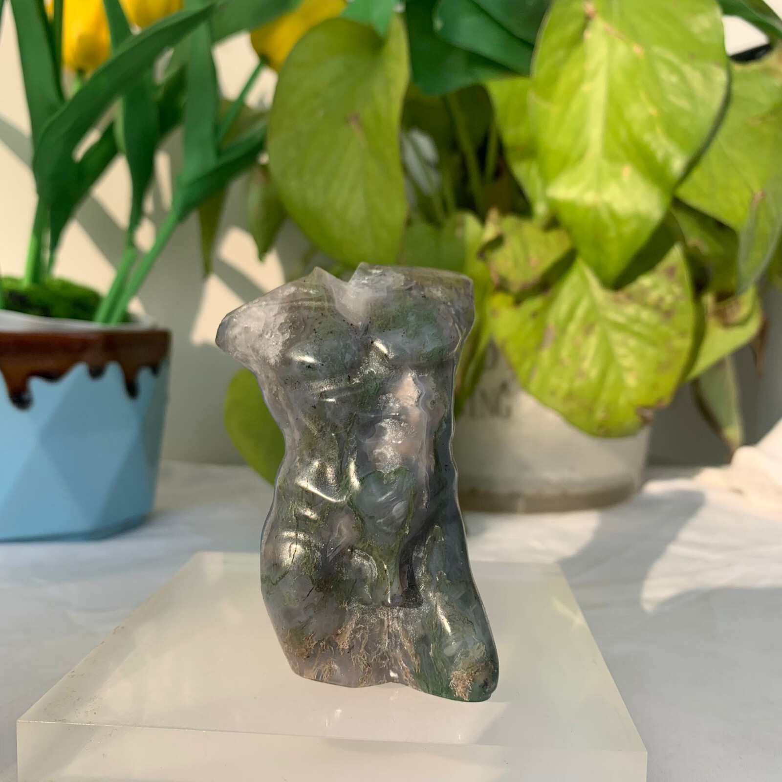 138g Moss Agate Stone Male Body Model Carving Quartz Crystal Specimen Gift