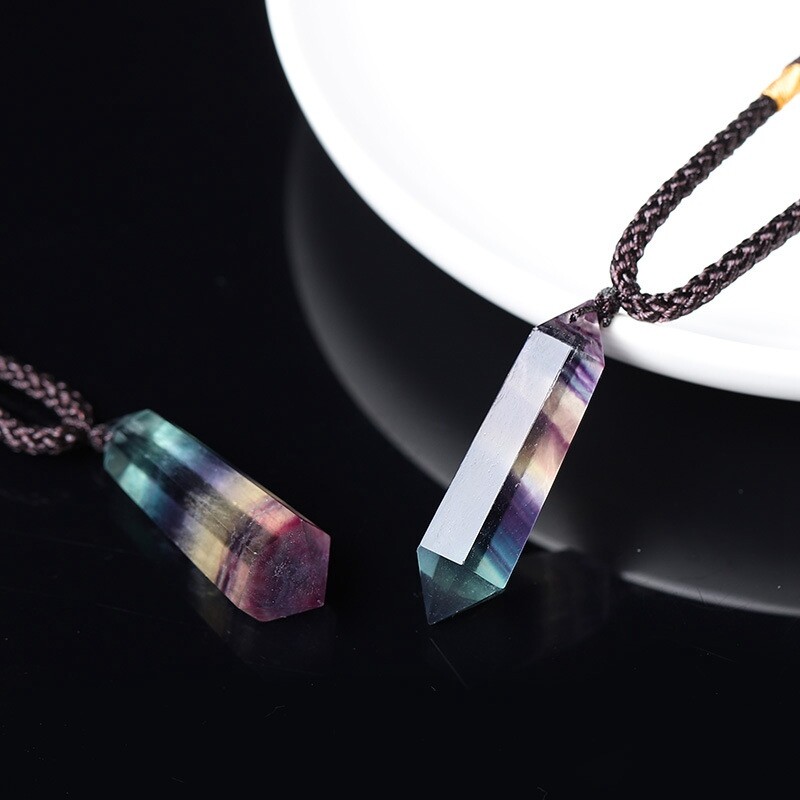 Natural Rainbow Fluorite Quartz Crystal Pendant Reiki Healing Gemstone Necklace