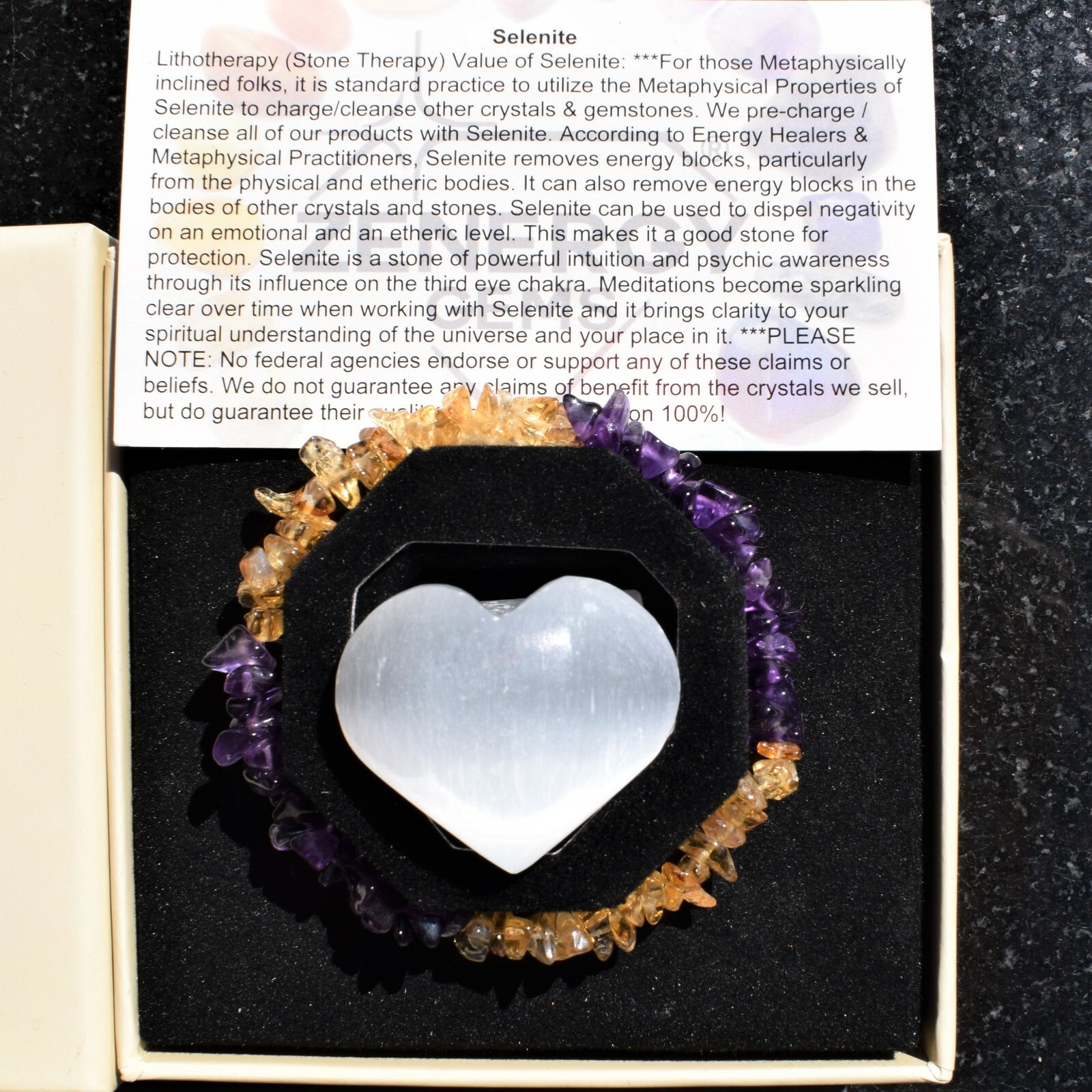 CHARGED Amethyst & Citrine Crystal Chip Stretchy Bracelet + Selenite Puffy Heart
