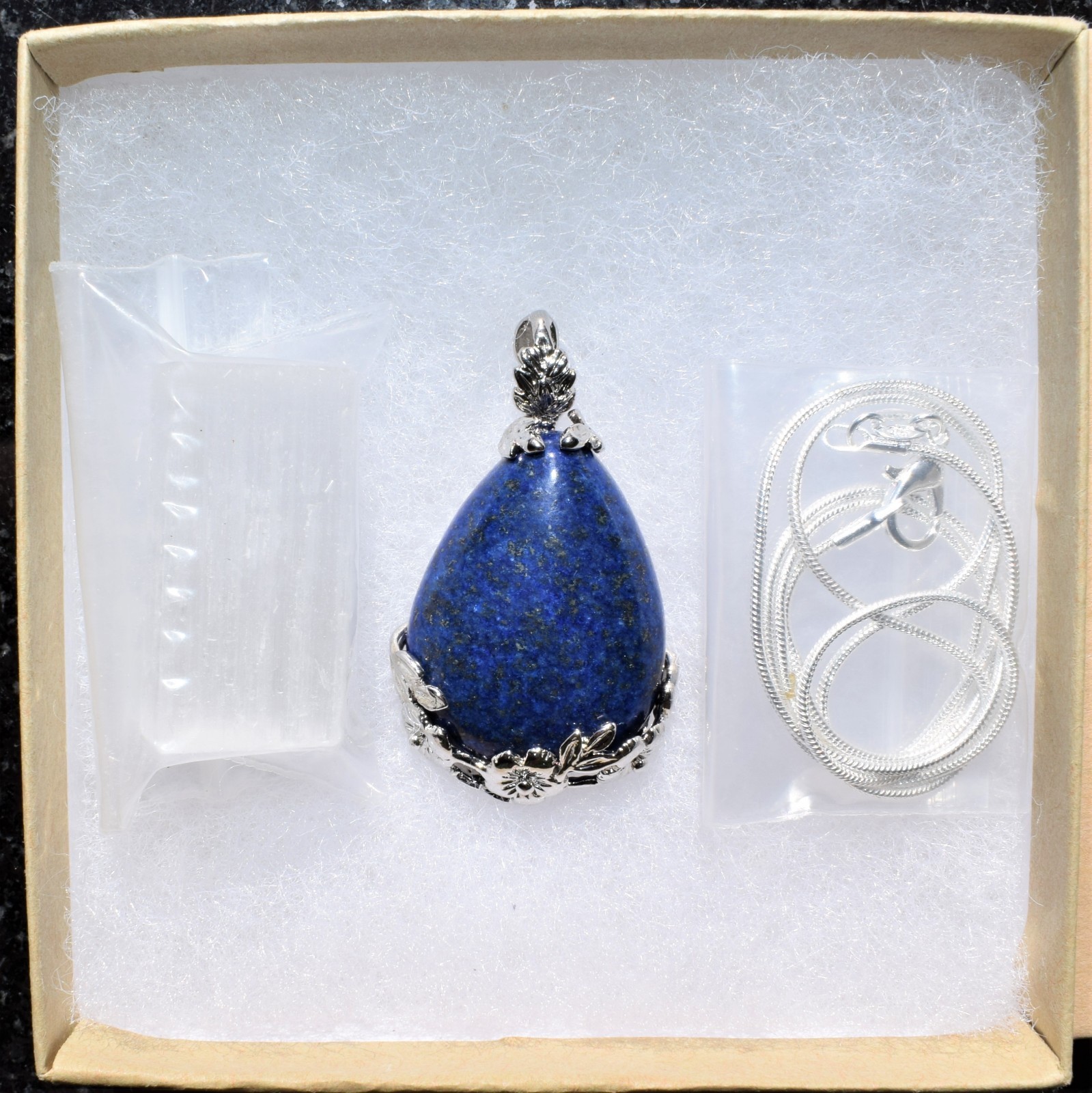 Lapis Lazuli Teardrop Pendant + 20″ Stainless Steel Chain + Baby Selenite Heart