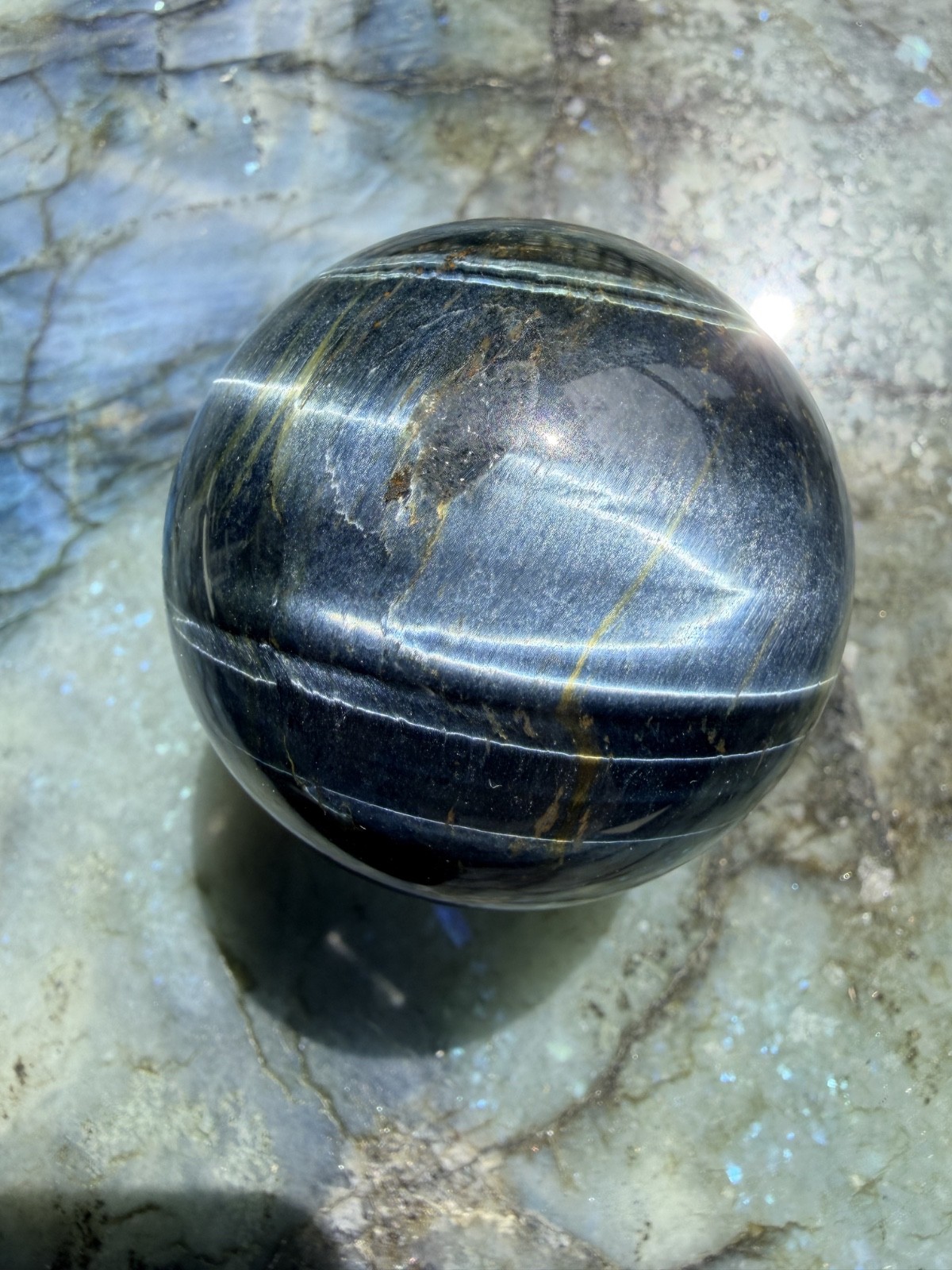 Blue Tiger’s Eye (Hawk’s Eye) Sphere | Intense Chatoyancy Cat’s Eye Effect 2.3″