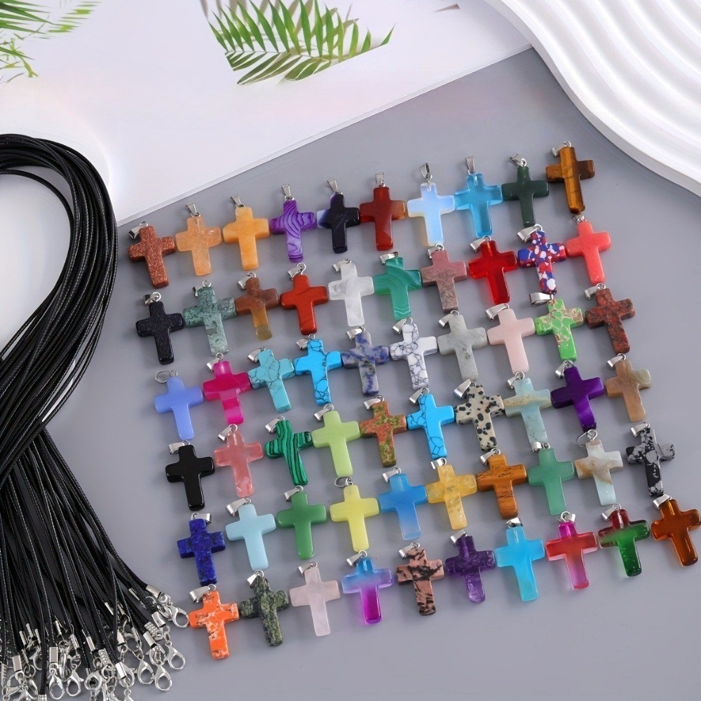 Fashion Crystal Cross Pendant Necklace Mixed Charms on Leather Rope Jewelry