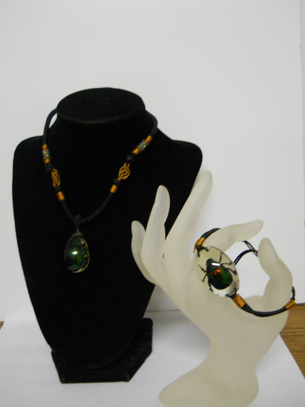 Matching Sizeable Necklace & Bracelet Fossil Beetle in Resin Jewelry Set #746
