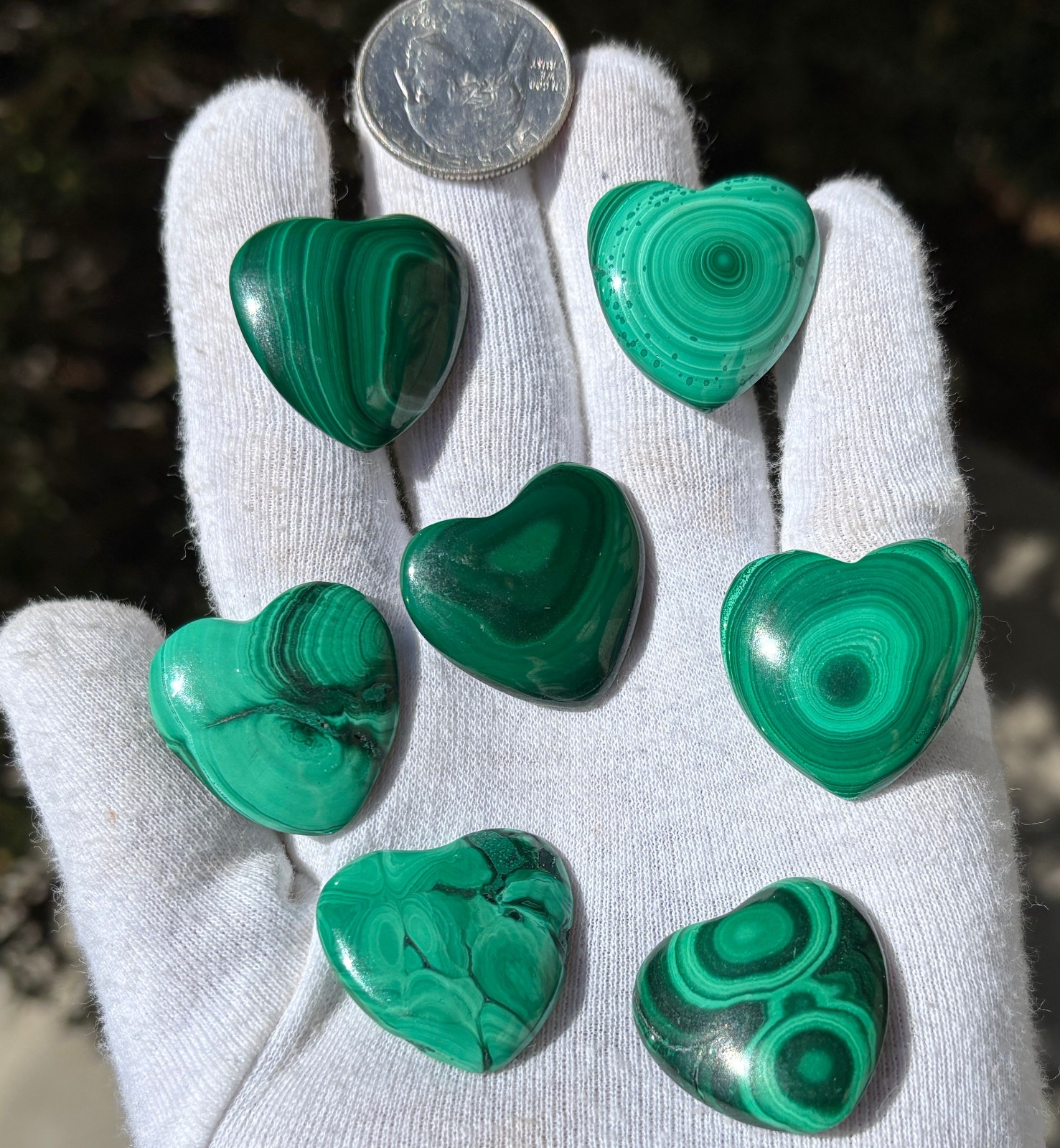 USA SALE 67g LOT 7 MALACHITE POLISHED SMALL HEARTS HEART POCKET PALMSTONE PALM