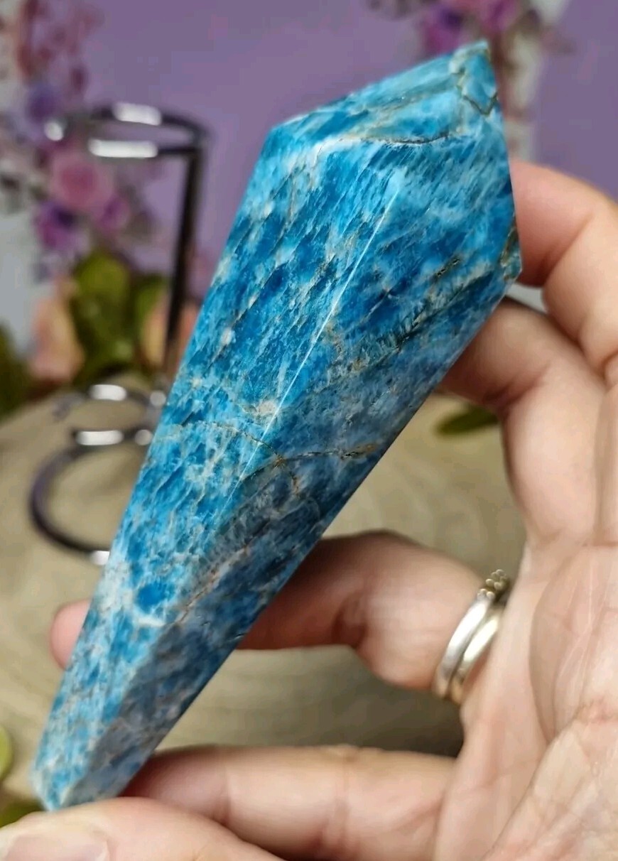 High Quality Brazillian Blue Green Apatite Crystal Point Wand 110mm 158g & Stand