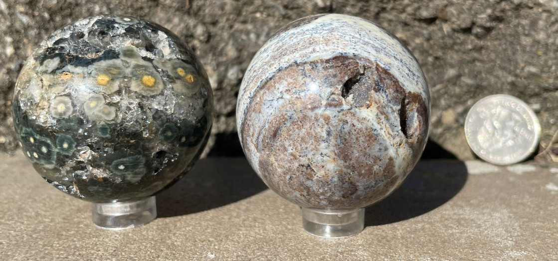 246g LOT 2 OJ OCEAN JASPER SPHERES SPARKLY DRUZY VUGS Kabamby SPHERE ORB ORBS