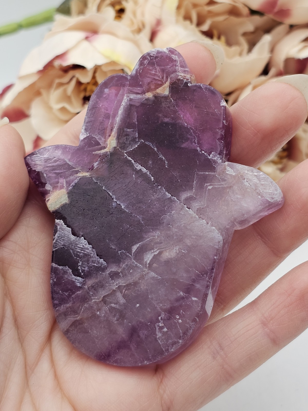 Purple Rainbow Fluorite Hamsa Hand crystal Carving 7.8cm 91g