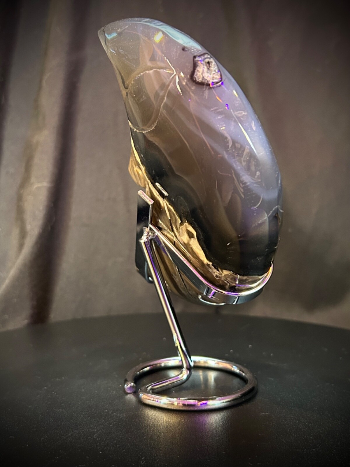 5.25″ Volcano Agate Moon With Custom Metal Stand 1lb 1 oz UV Reactive