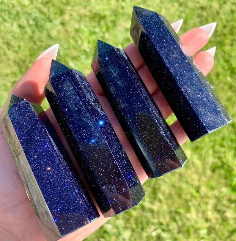 Blue Goldstone Natural Crystal Wand Obelisk Reiki Tower Point Home Car Ornament