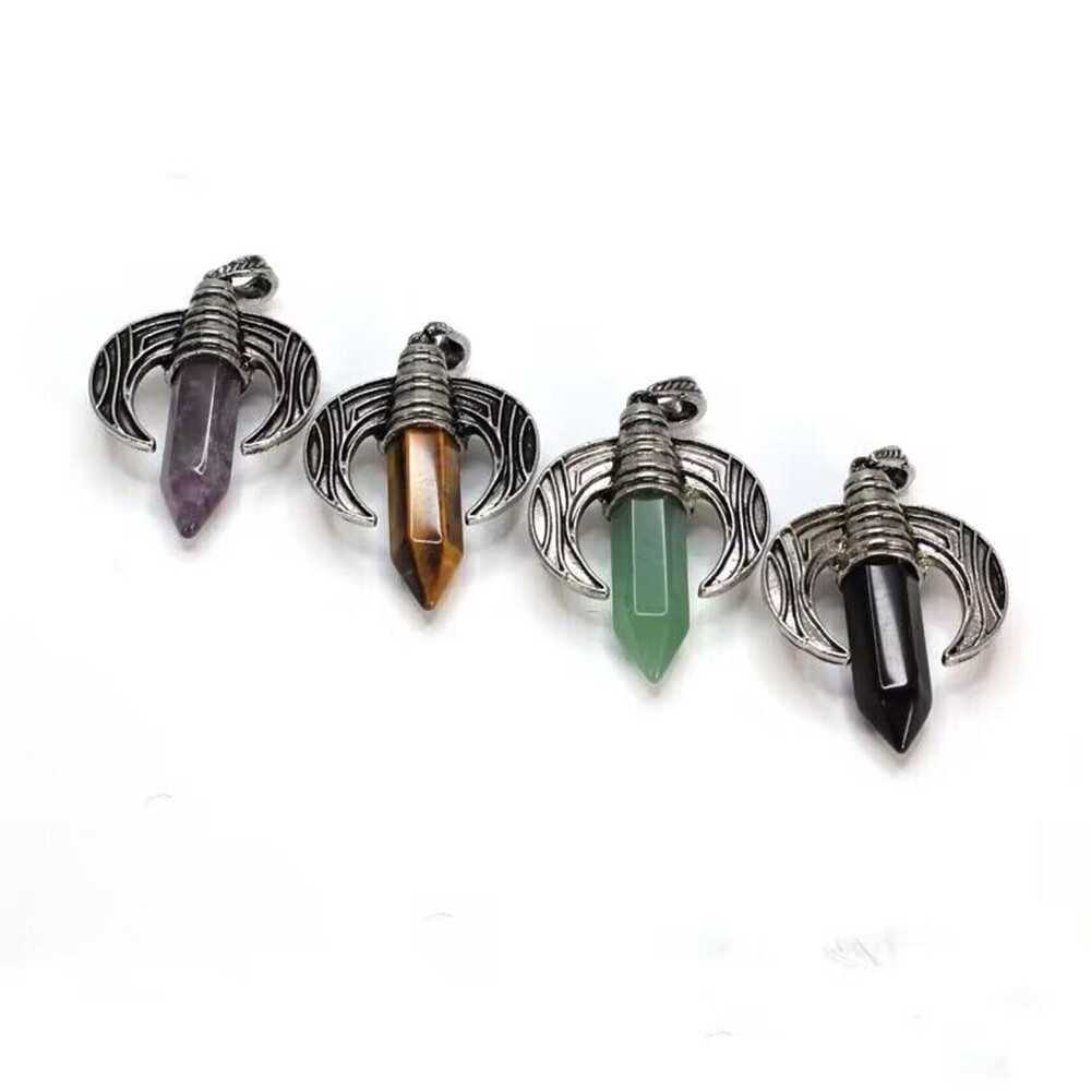 Natural Crystal Quartz Hexagon Crescent Moon OxHorn Pendant Cowhorn Men Jewelry