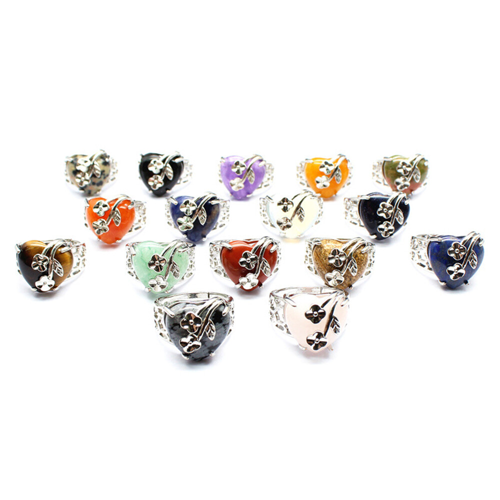 Natural Chakra Crystal Love Heart Rose Flower Ring Quartz Jewelry Healing Reiki