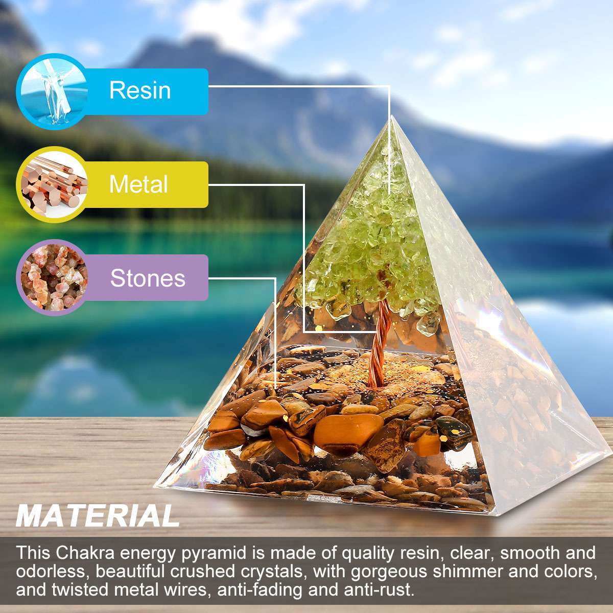 Tree Stem Crystal Orgone Pyramid Reiki Healing Chakra Meditation Orgonite Energy