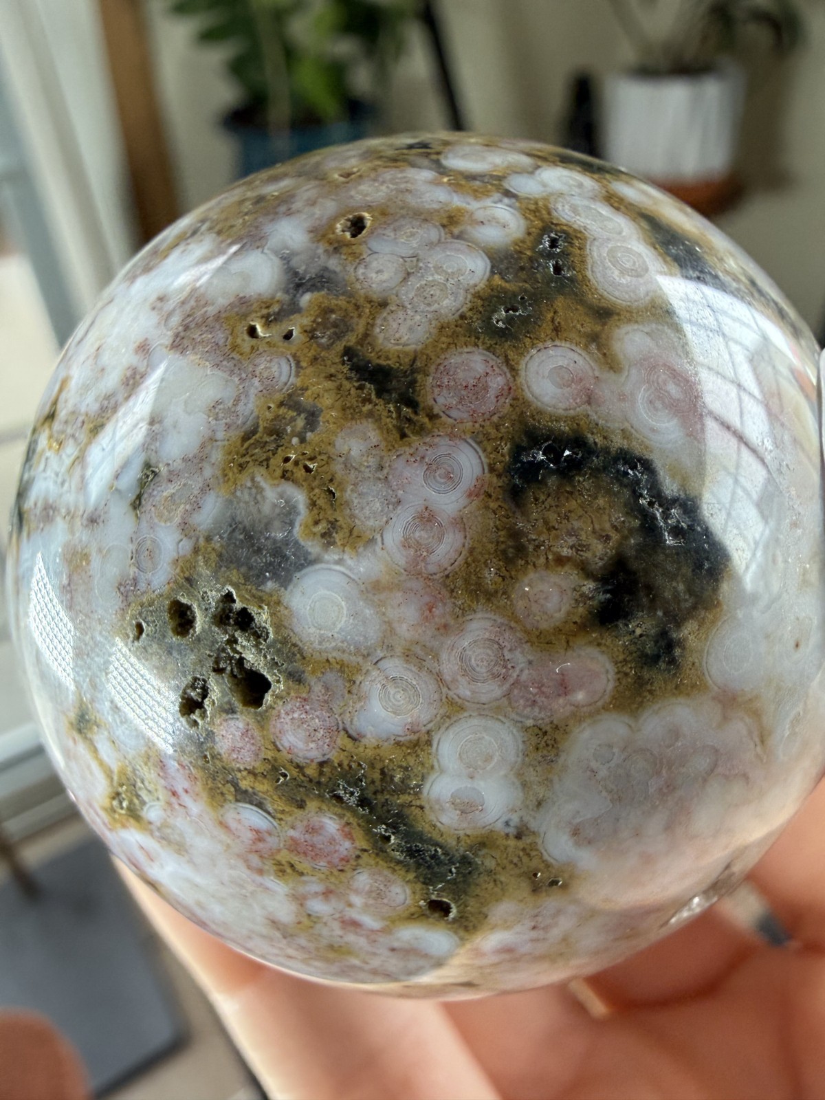 8th Vein Ocean Jasper Sphere – Pink, Green & White Orbs – 7.09 oz
