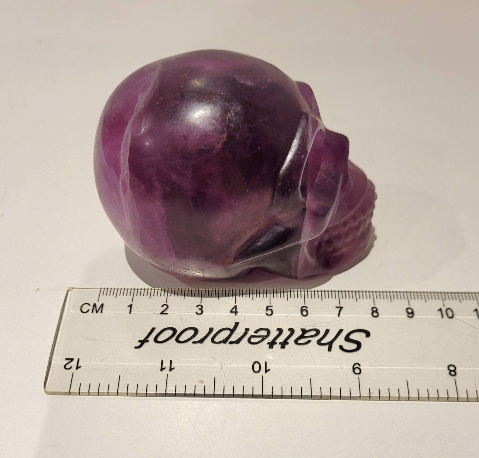 Purple Flourite Human Skull Carving Natural Crystal UV Reactive 439.8g, 0.9lbs
