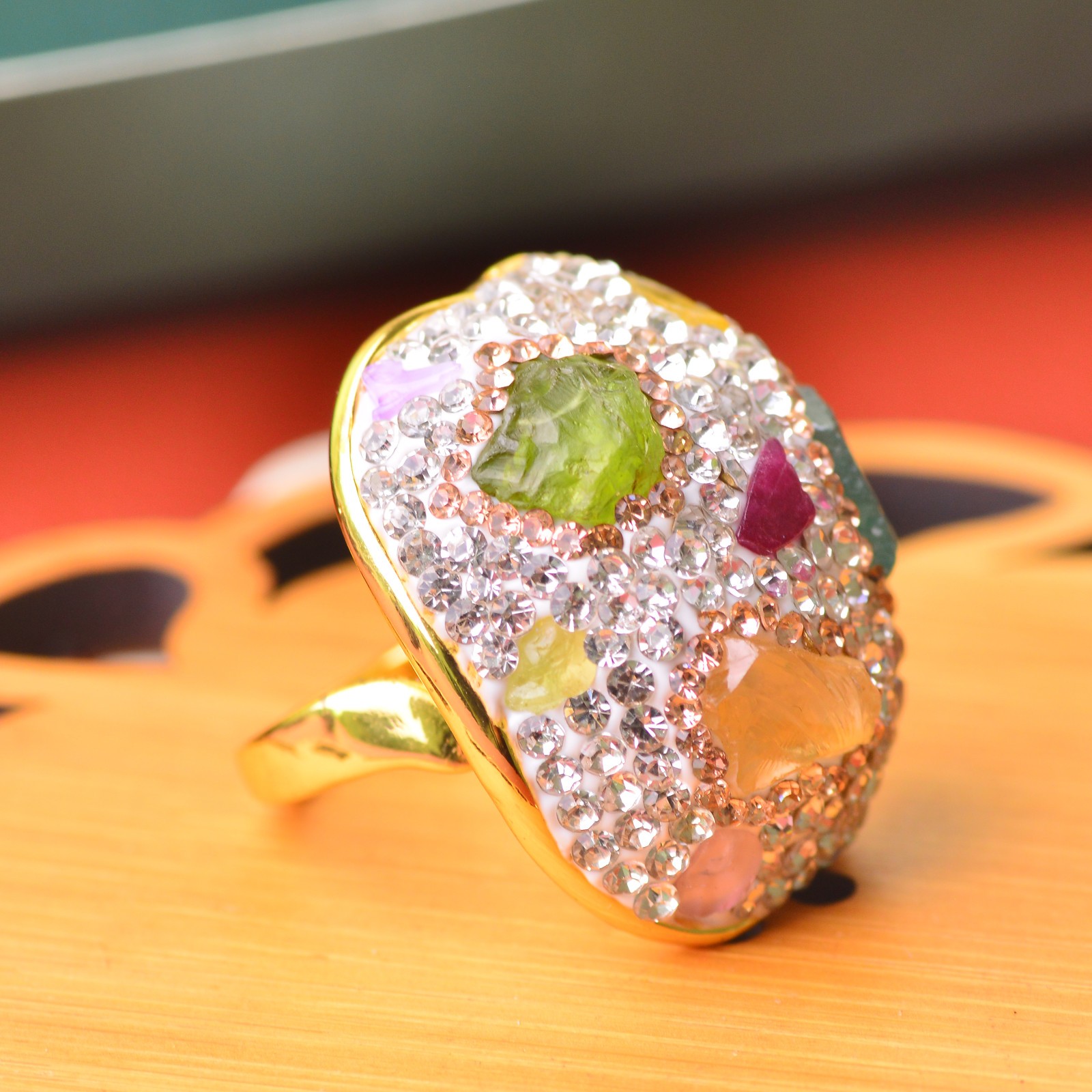 Crystal-encrusted gemstone ring alloy inlaid with handmade Energy Crystal