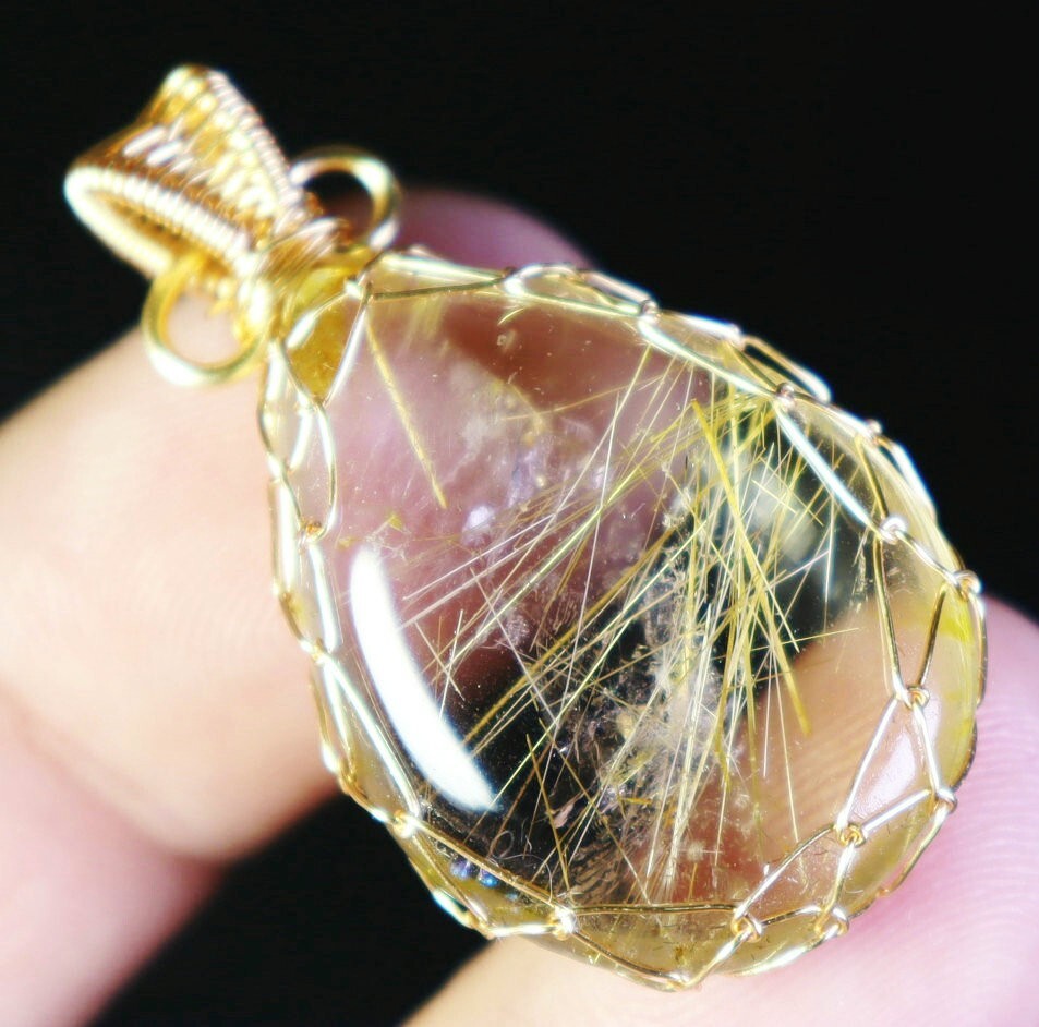 Natural Clear Golden Sun Rutilated Titanium Quartz Crystal Stone Pendant Healing