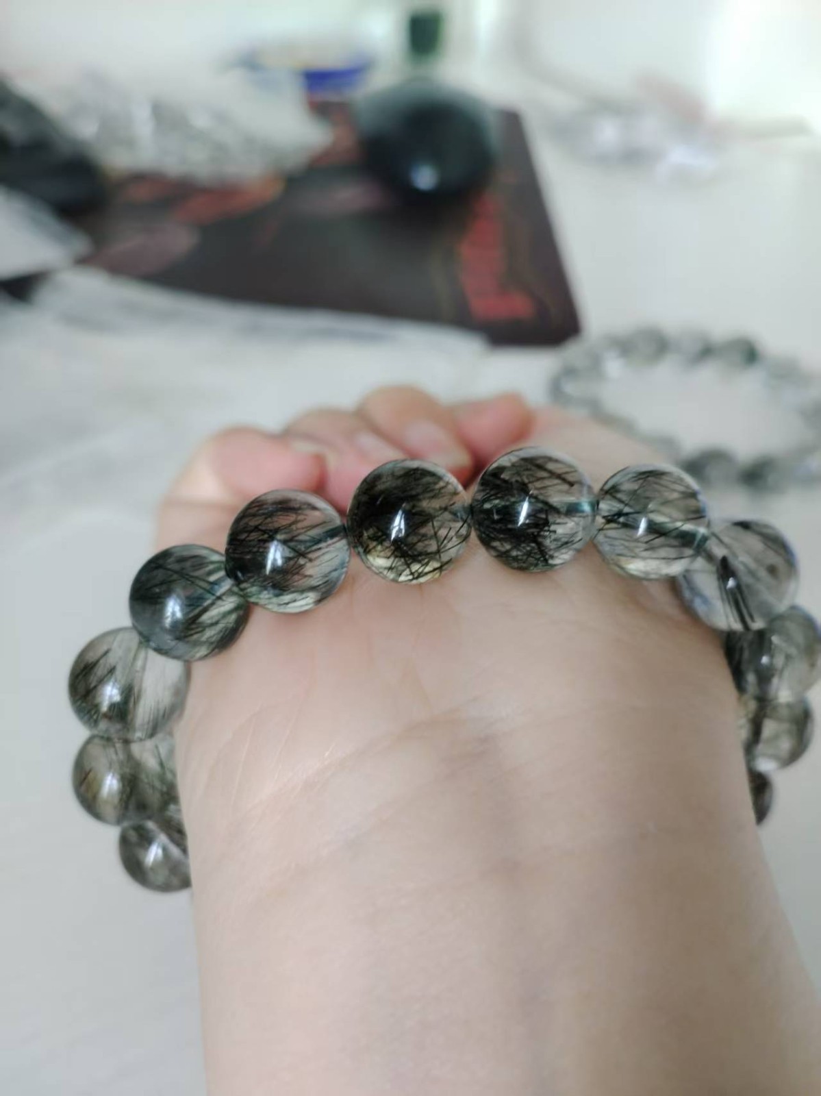 Natural rare Green Rutilated Quartz round Bracelet Adult Collectibles