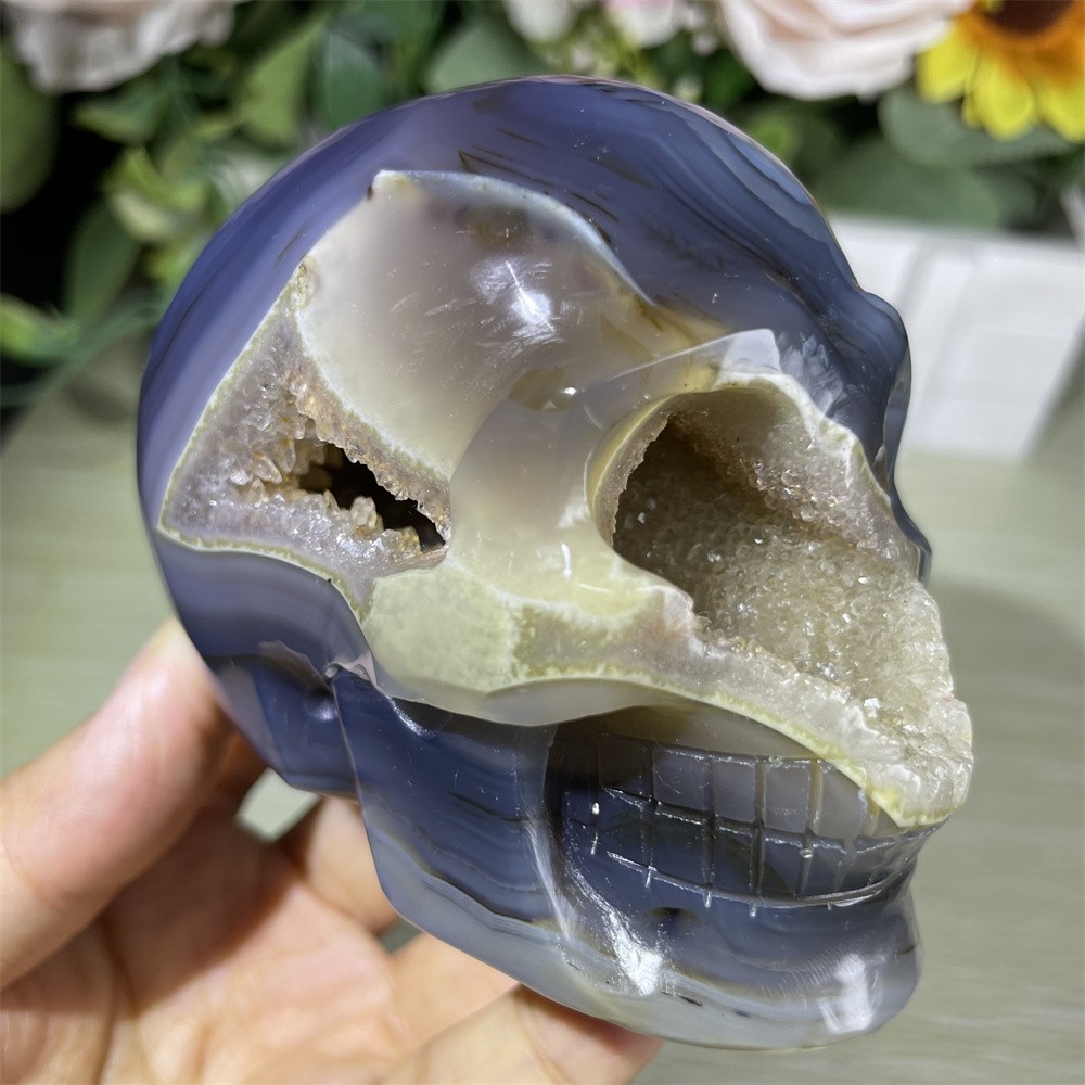 1LB 3″ Ash Lace Sardonyx Geode Skull Carving Crystal Quartz Reiki Healing