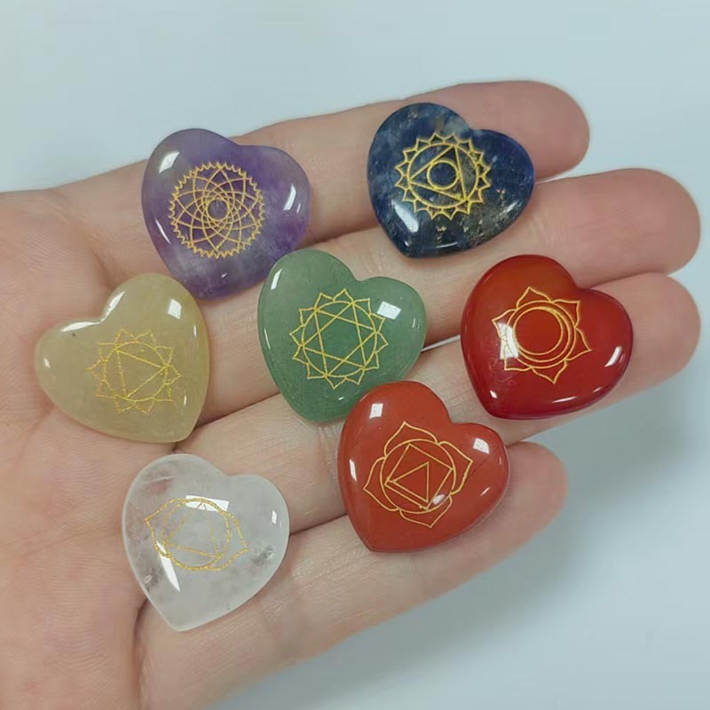 7 Chakra 20mm Heart Gemstone Set with Engraved Chakra Symbols Healing Crystals