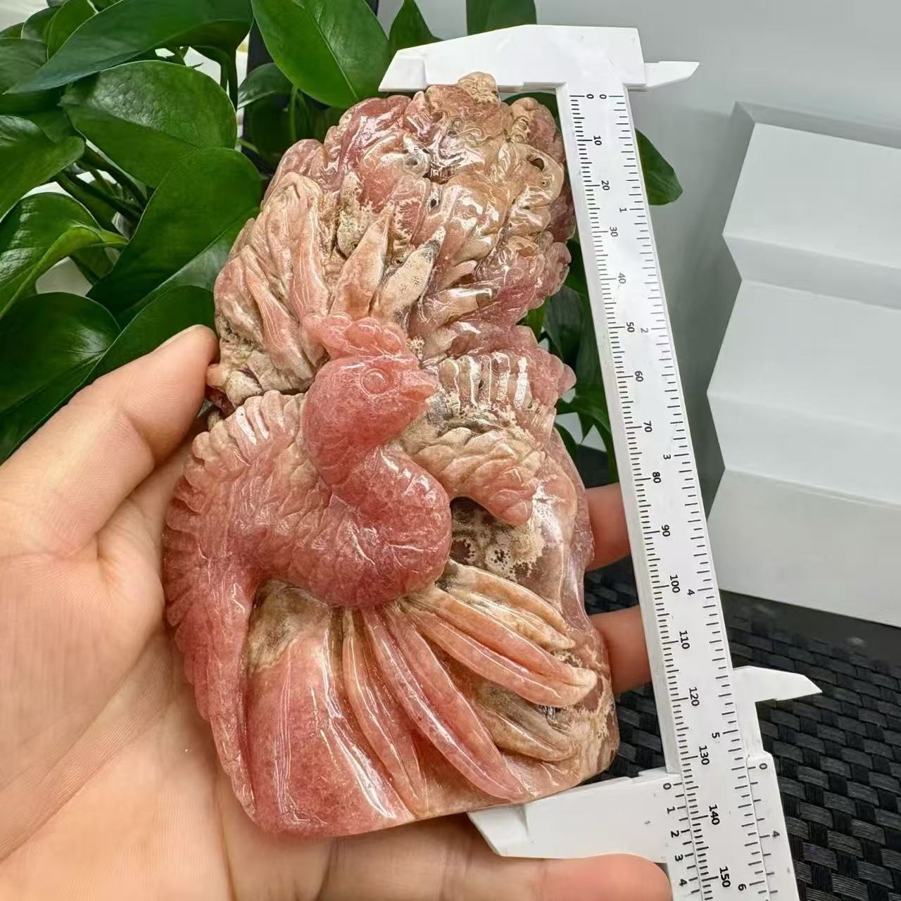 495g Natural Rhodochrosite Quartz Hand Carved phoenix Skull Crystal Reiki Decor
