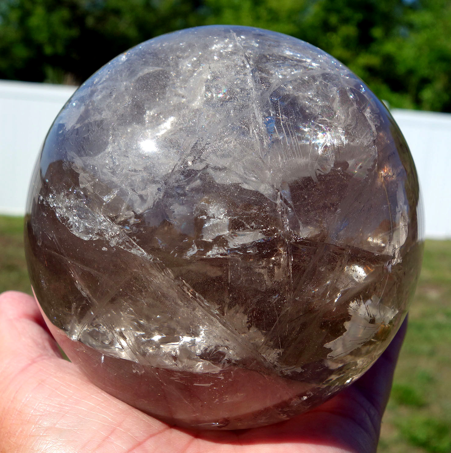 Large 4 Inch SMOKY QUARTZ Crystal Sphere Ball with RAINBOWS from Brazil