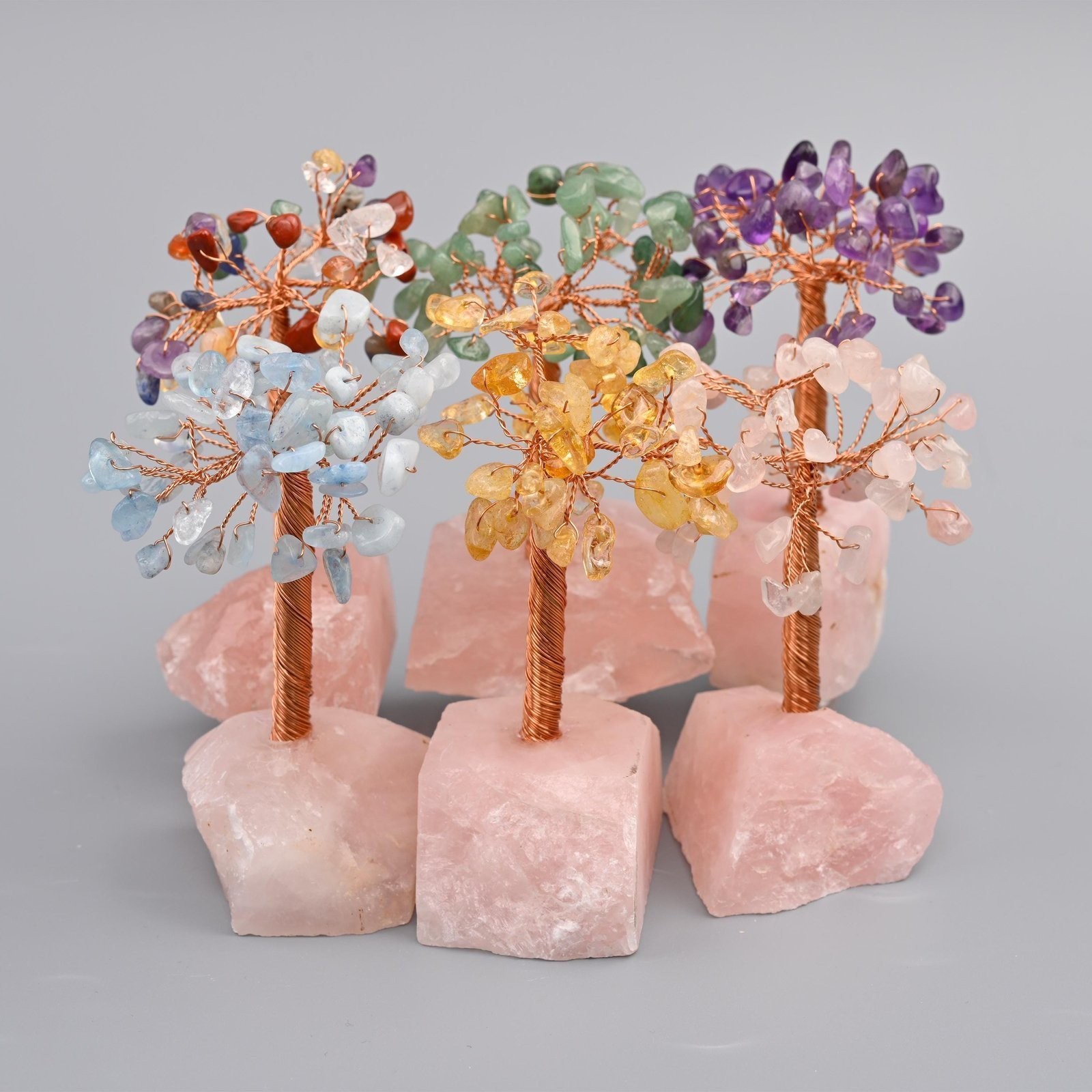 4 Inch Nature Rose Quartz Base Copper Wired Gemstone Tree of Life