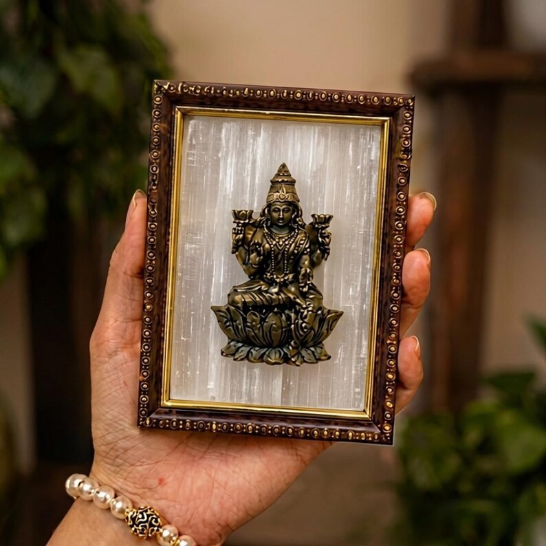 Pyrite Lakshmi Goddess Frame Selenite Crystal Wall Art Wealth Prosperity Decor