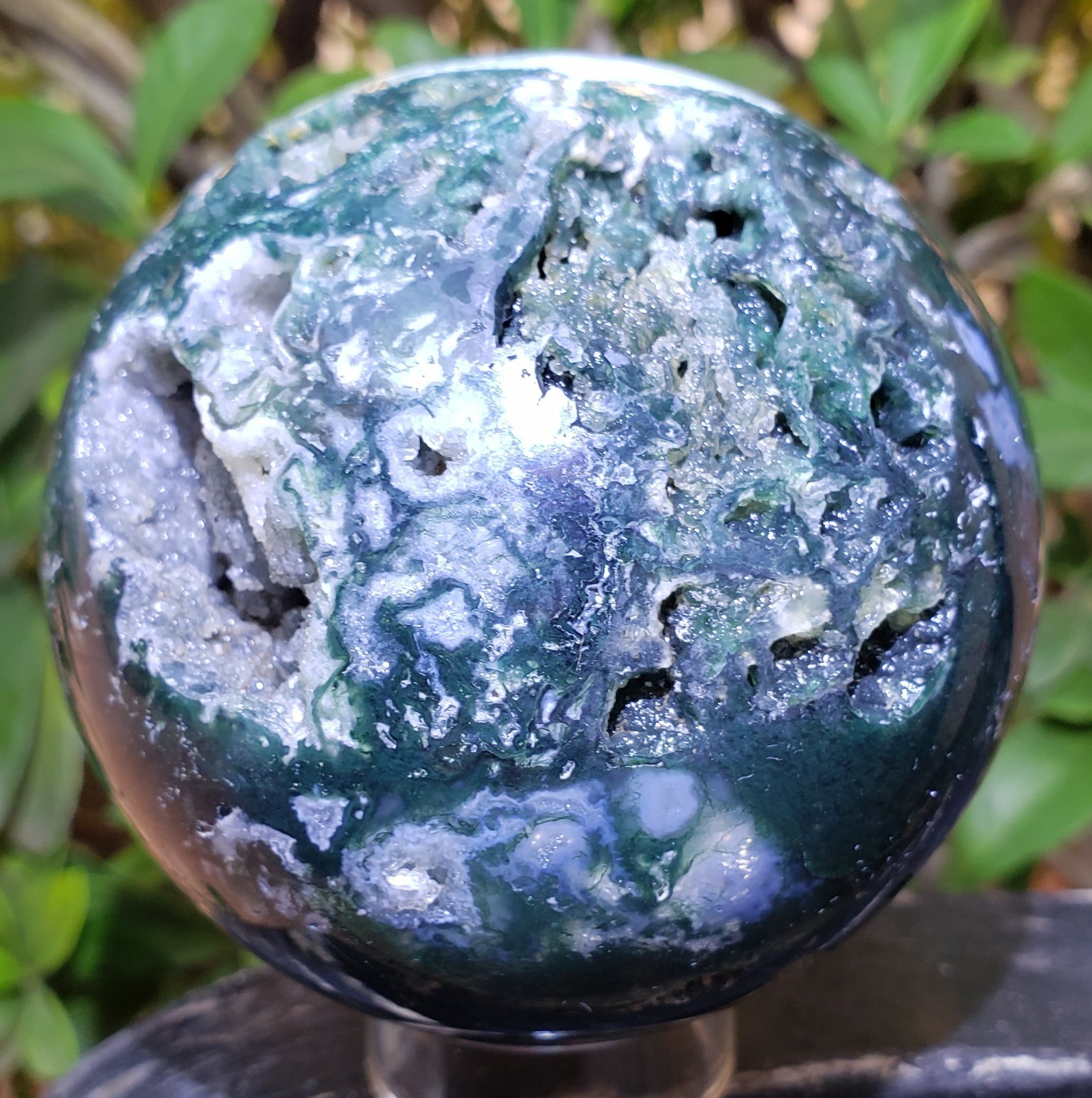 3″ Green Moss Agate Quartz Crystal Mineral Semi-Polished Sphere Ball Orb UV,532g