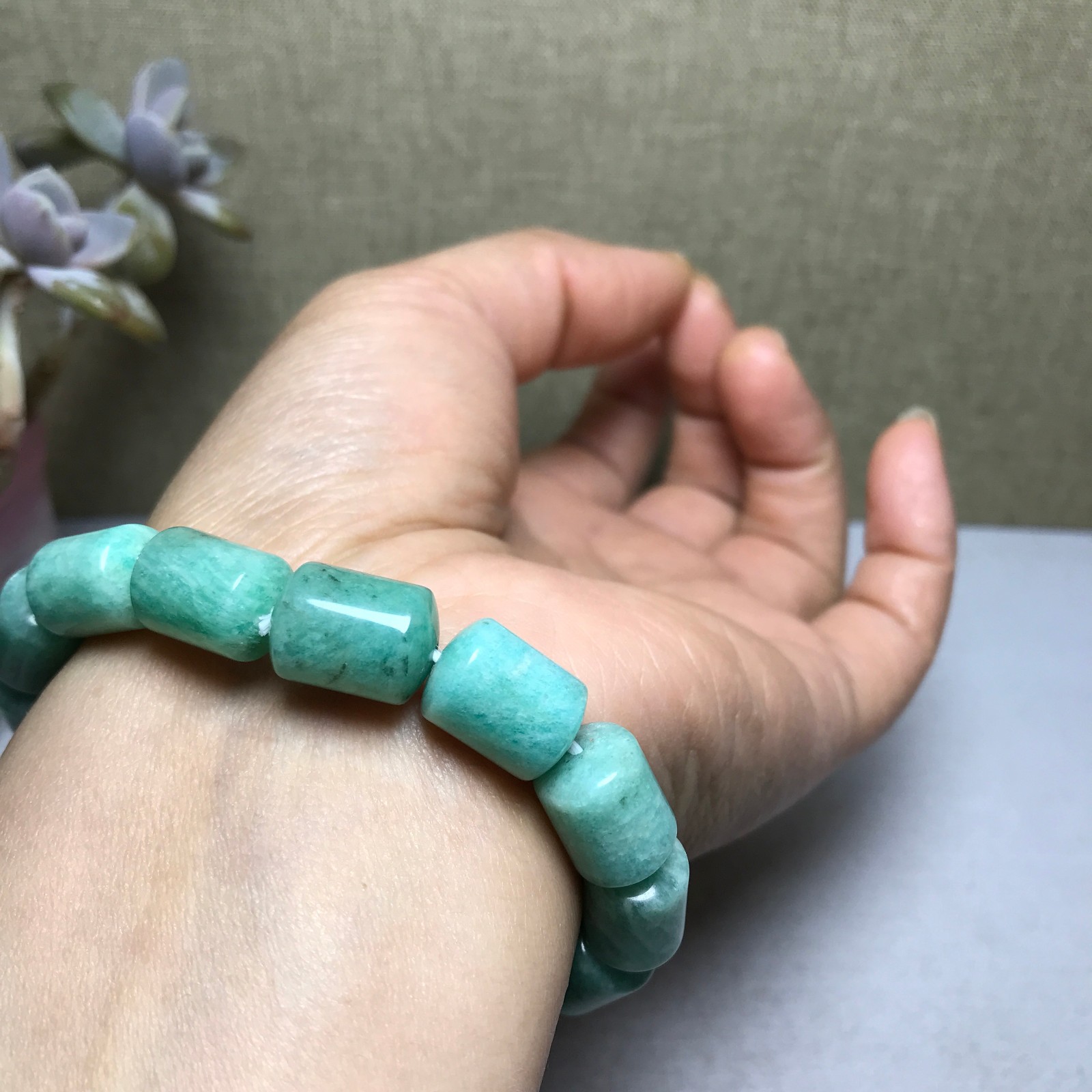 Rare Natural amazonite gemstone Crystal chain barrel beads bracelet 37g A3011