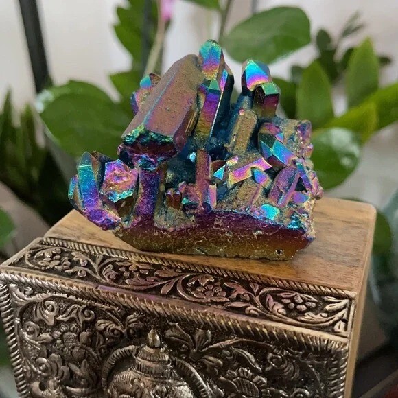 Natural Rainbow Aura Angel Titanium Quartz Crystal Point Cluster Geode Specimens