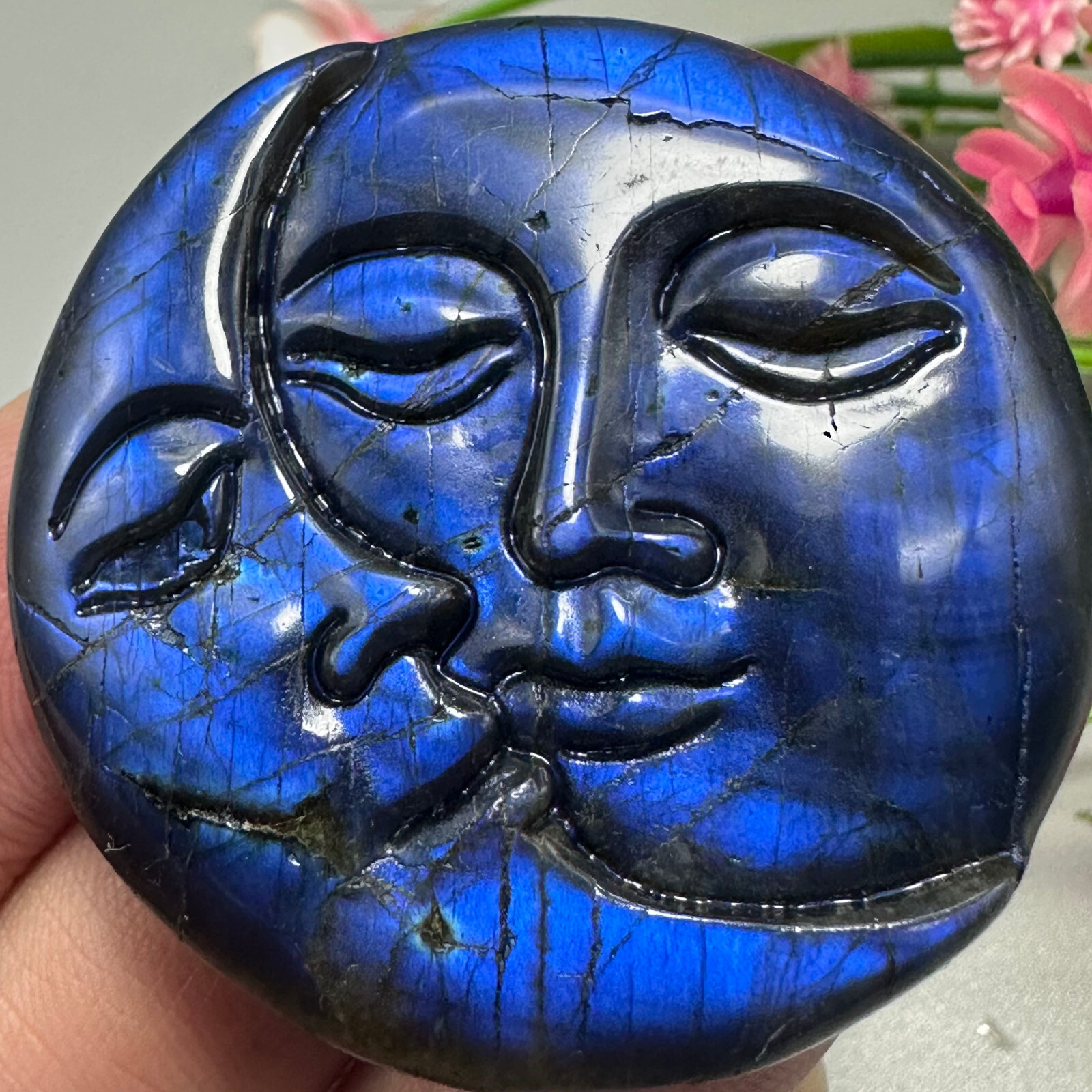 Natural Labradorite Sun Moon Face Quartz Skull Crystal Specimen Reiki Healing