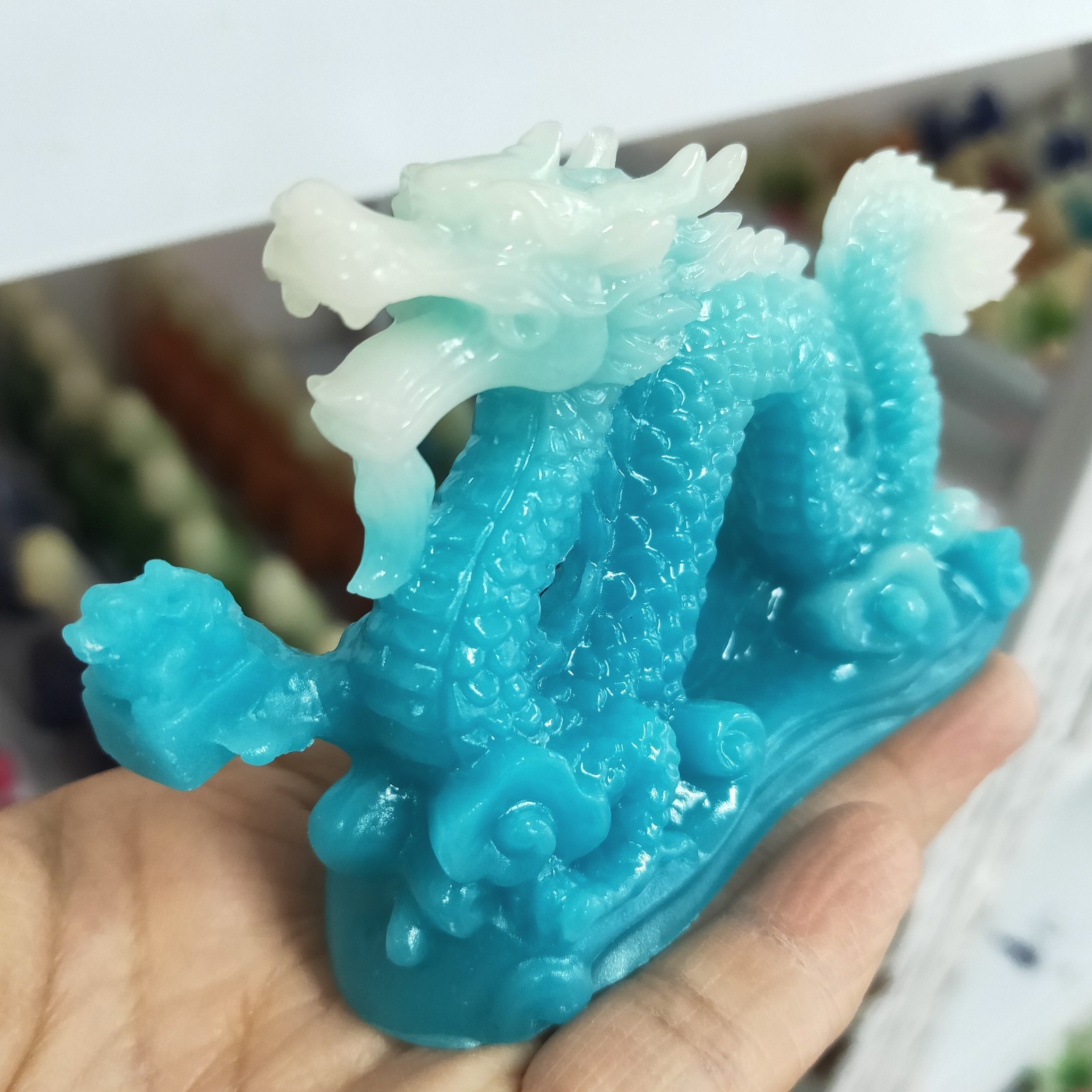 4″ Blue Luminous Stone Sculpture Chinese Dragon Resin Decoration Skull Gift 1pc