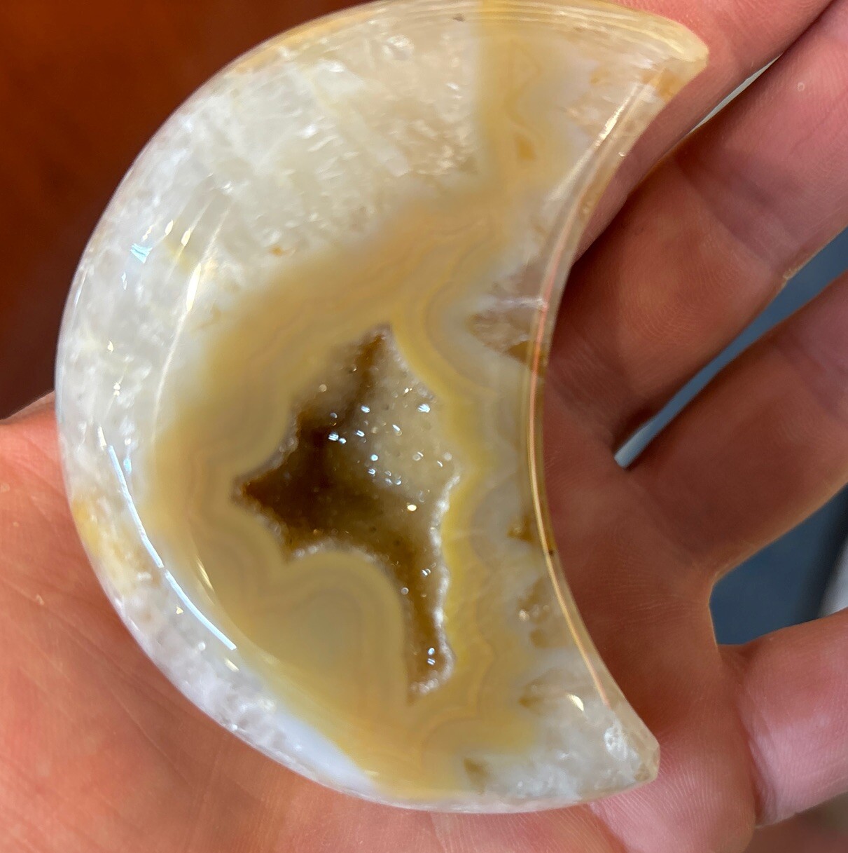 Druse agate moon with acrylic stand 3 1/4”