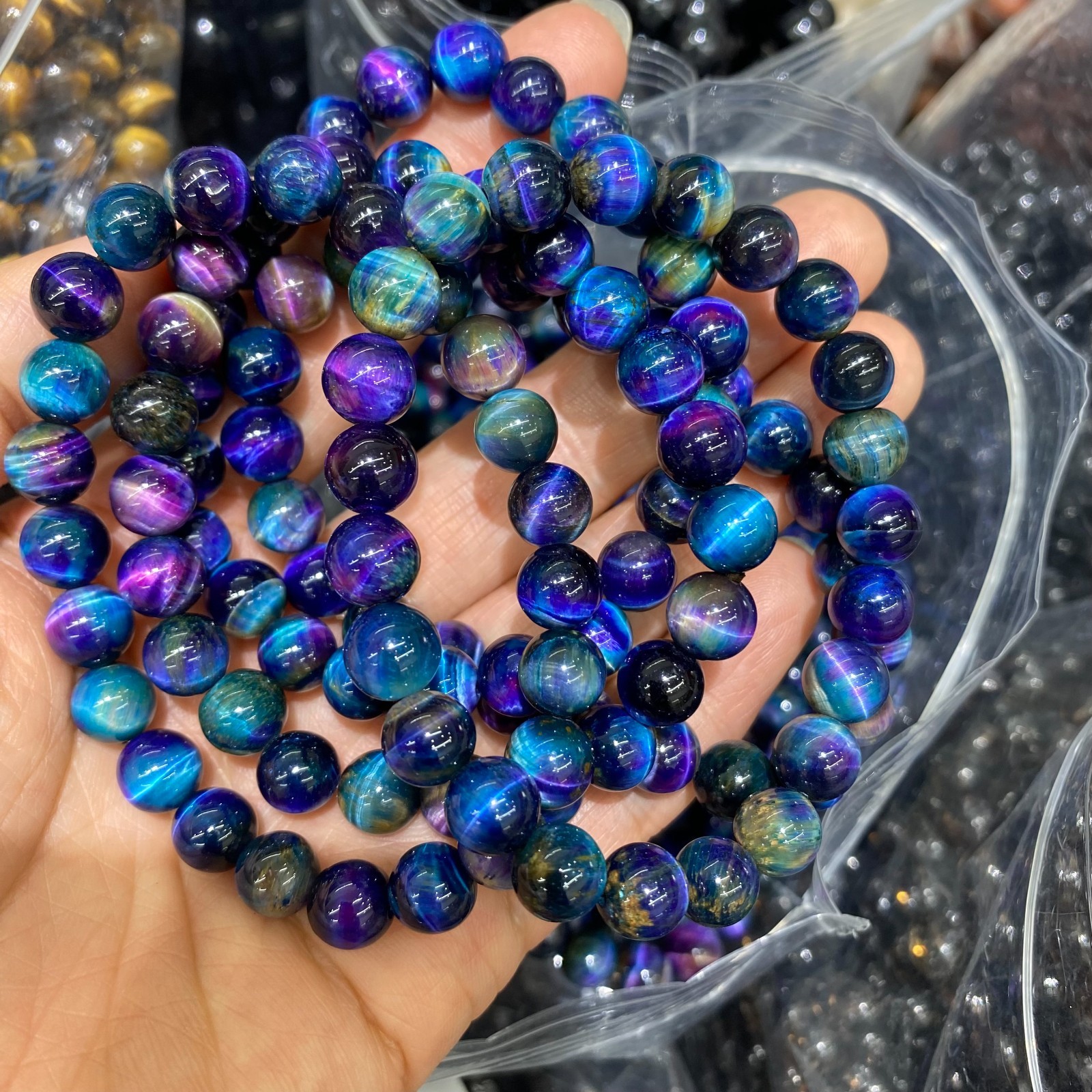Wholesale 1 Pcs 8mm AA Galaxy Blue Pink Purple Tiger Eye Round Beads bracelet