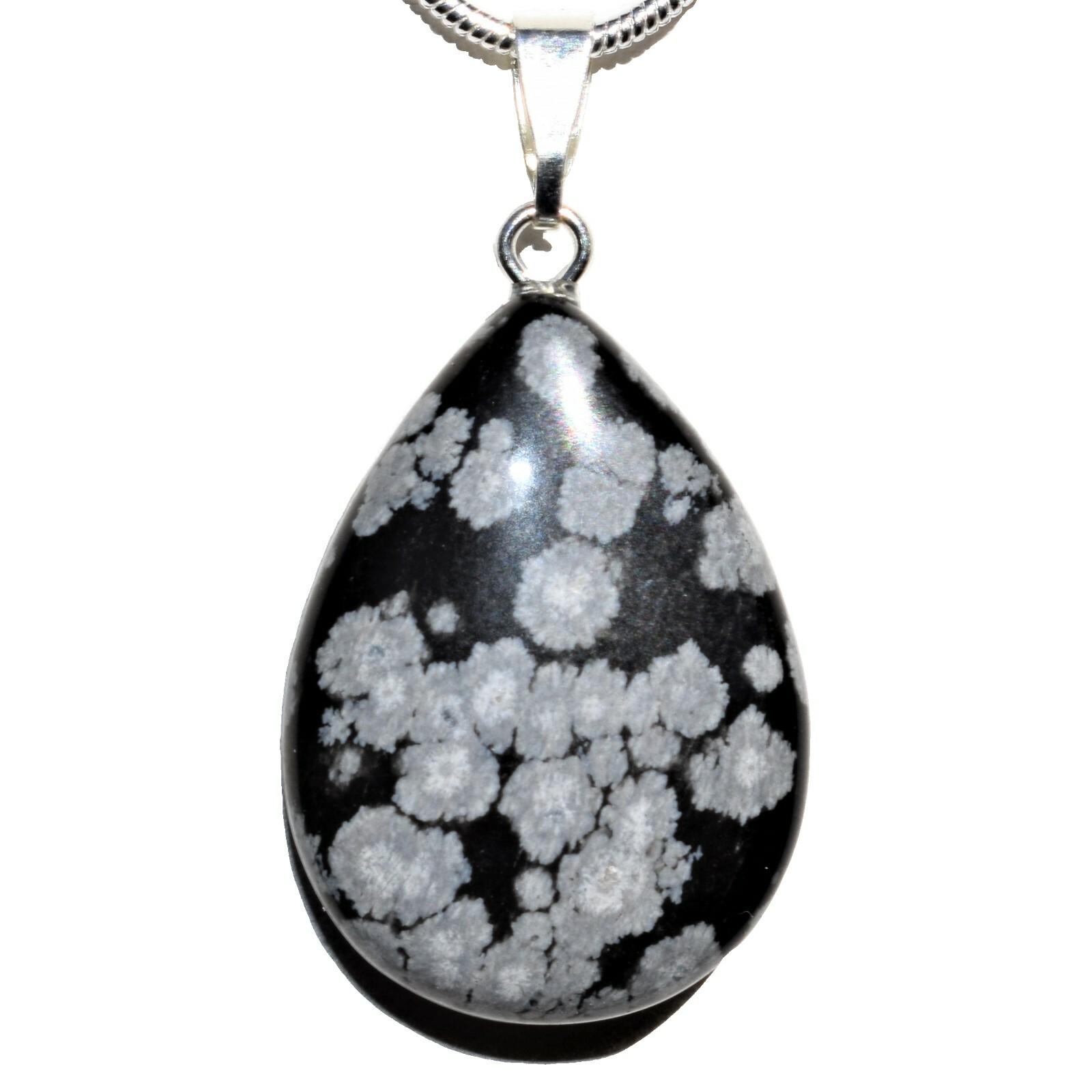 Charged Natural Snowflake Obsidian Teardrop Pendant + 20″ Stainless Steel Chain