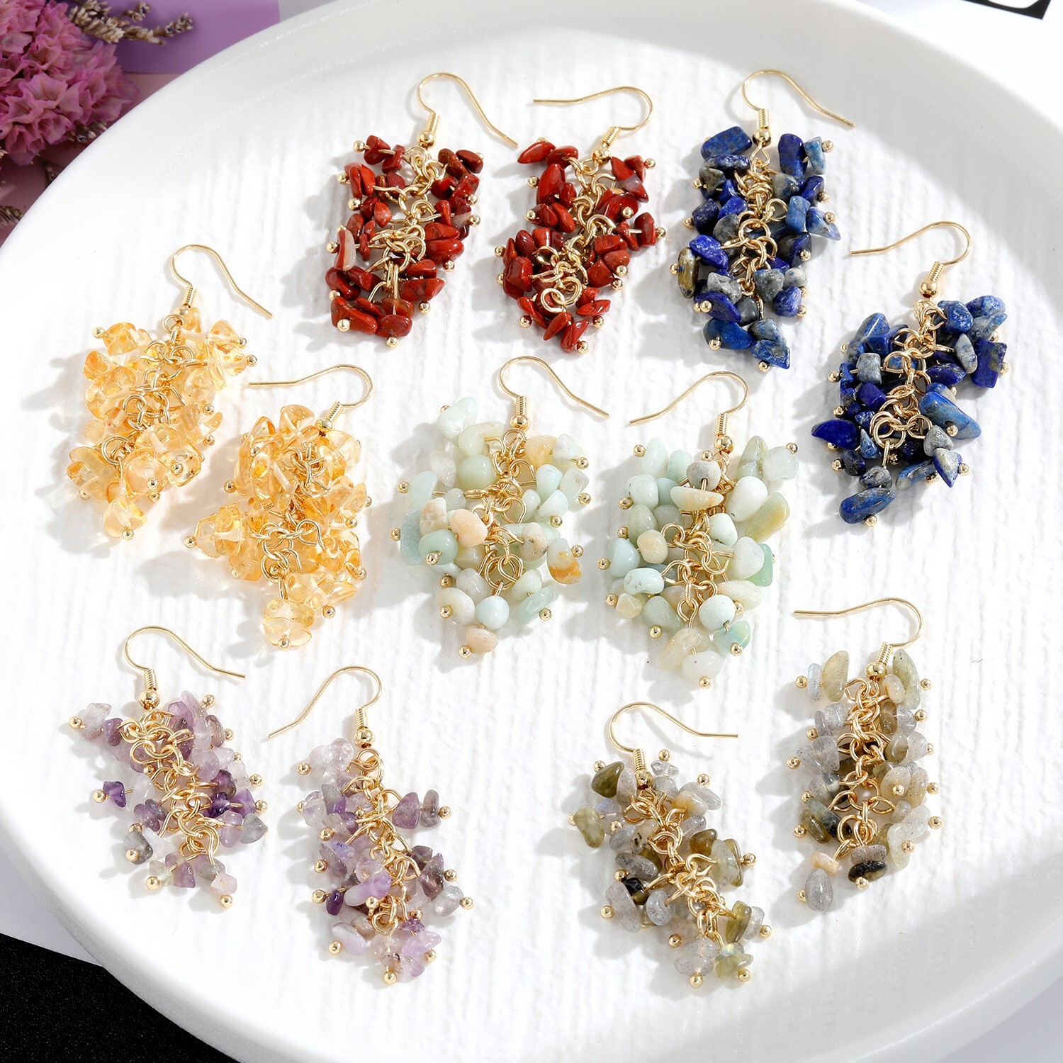 Handmade Retro 100% Natural Citrine Stone Hook Dangle Earrings