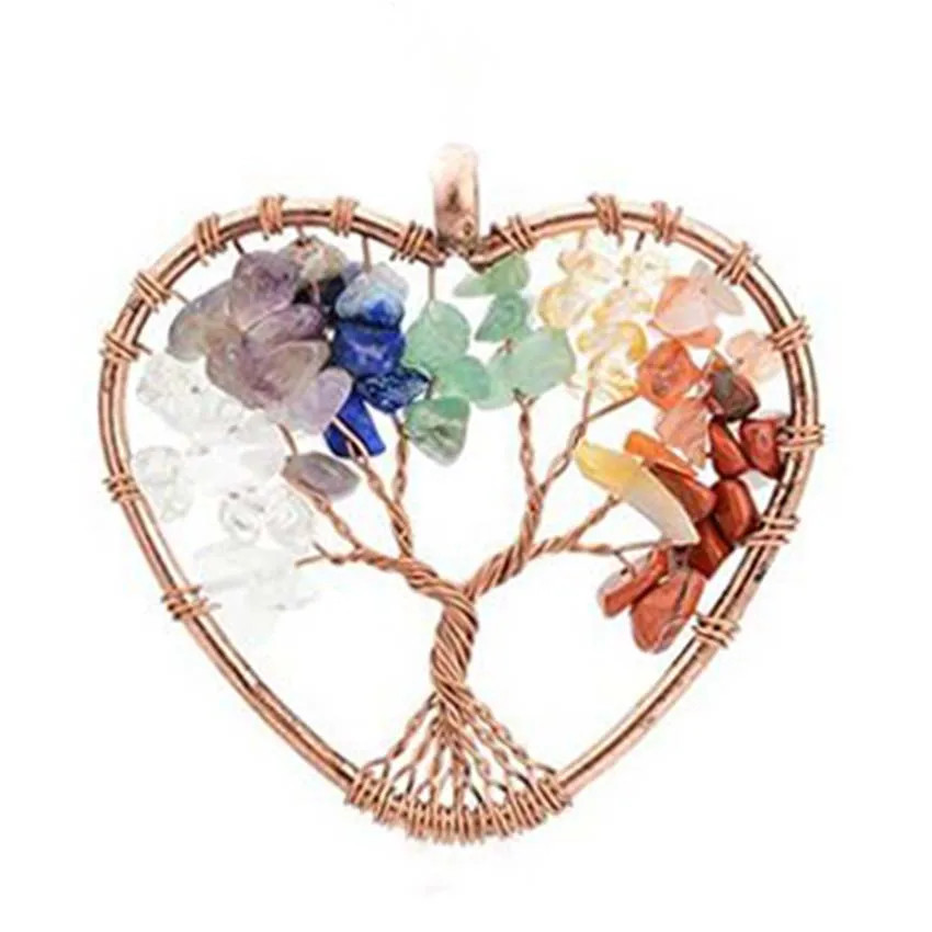 KFT Natural Tree of Life Stone Pendant Amethysts Crystal Reiki Wire Wrapped roun