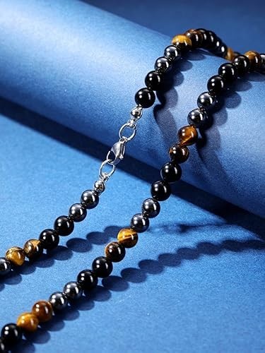 Mens Healing Crystal Black Obsidian Tigers Eye Hematite Beaded Necklace Natural